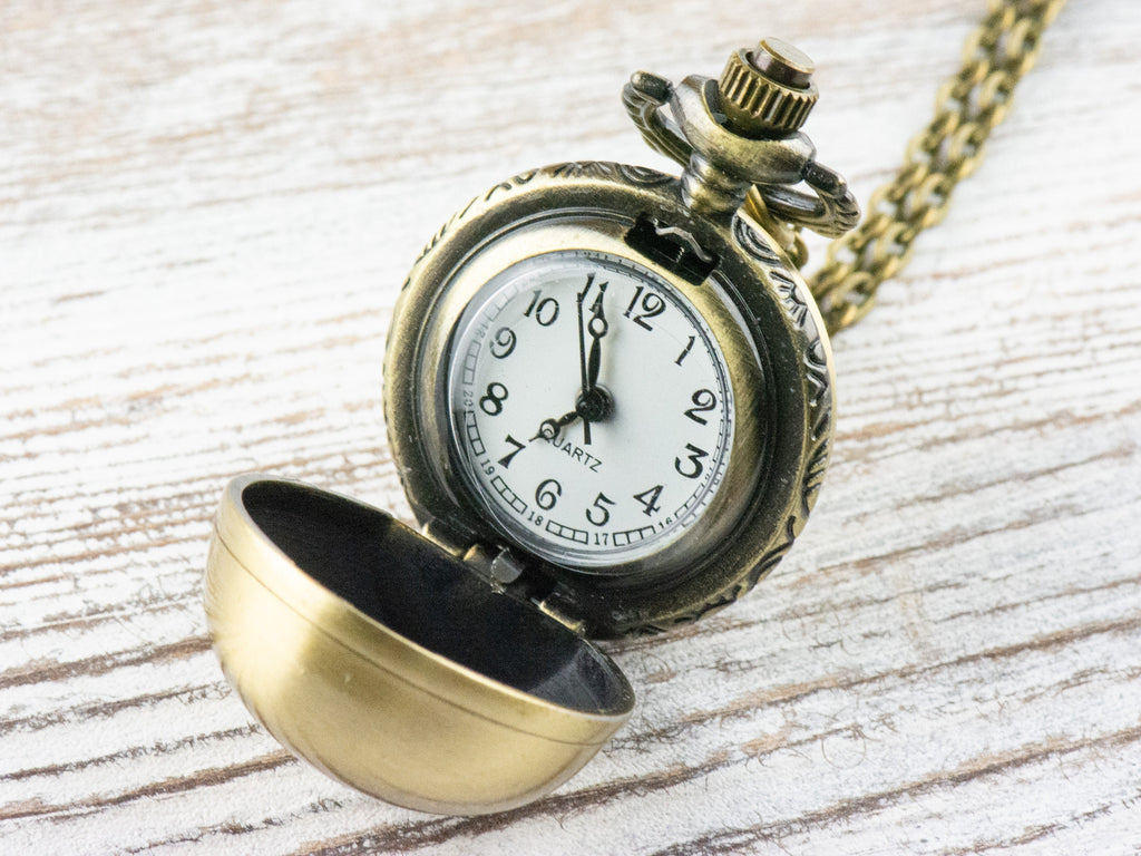 Round Ball Bronze Pocket Watch Long Necklace / Unique Watches / Simple Jewelry