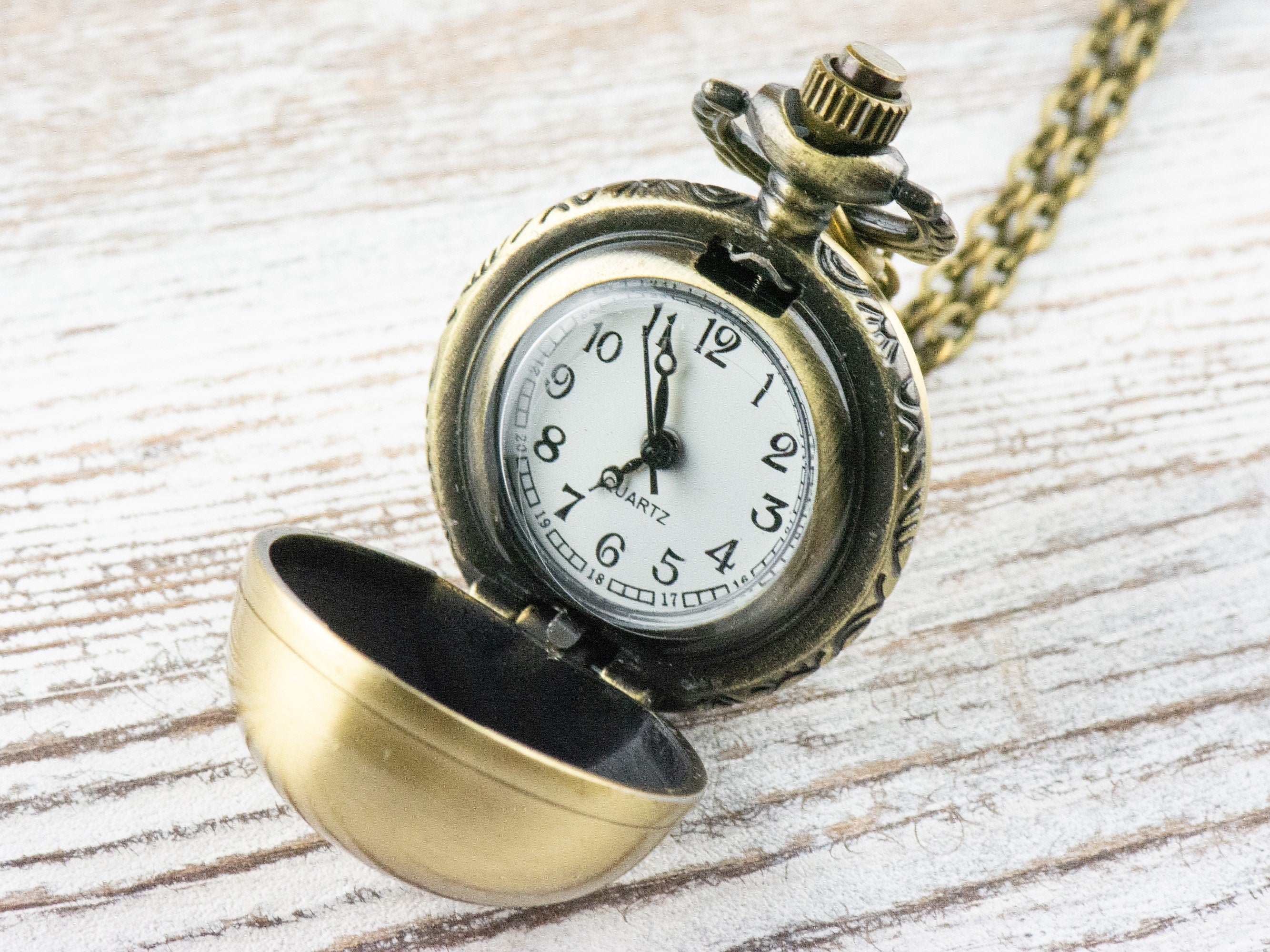 Round Ball Bronze Pocket Watch Long Necklace / Unique Watches / Simple Jewelry