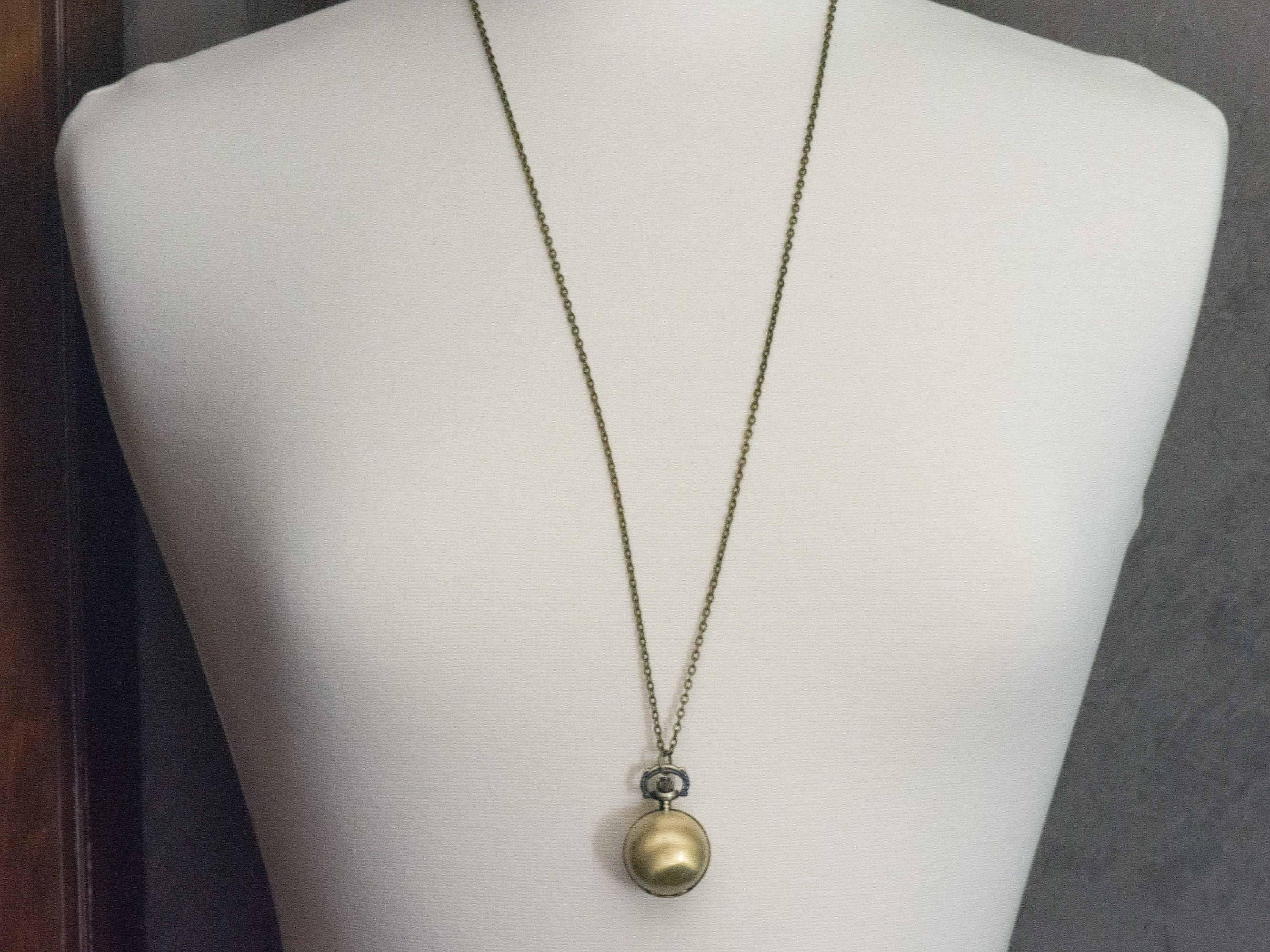 Round Ball Bronze Pocket Watch Long Necklace / Unique Watches / Simple Jewelry