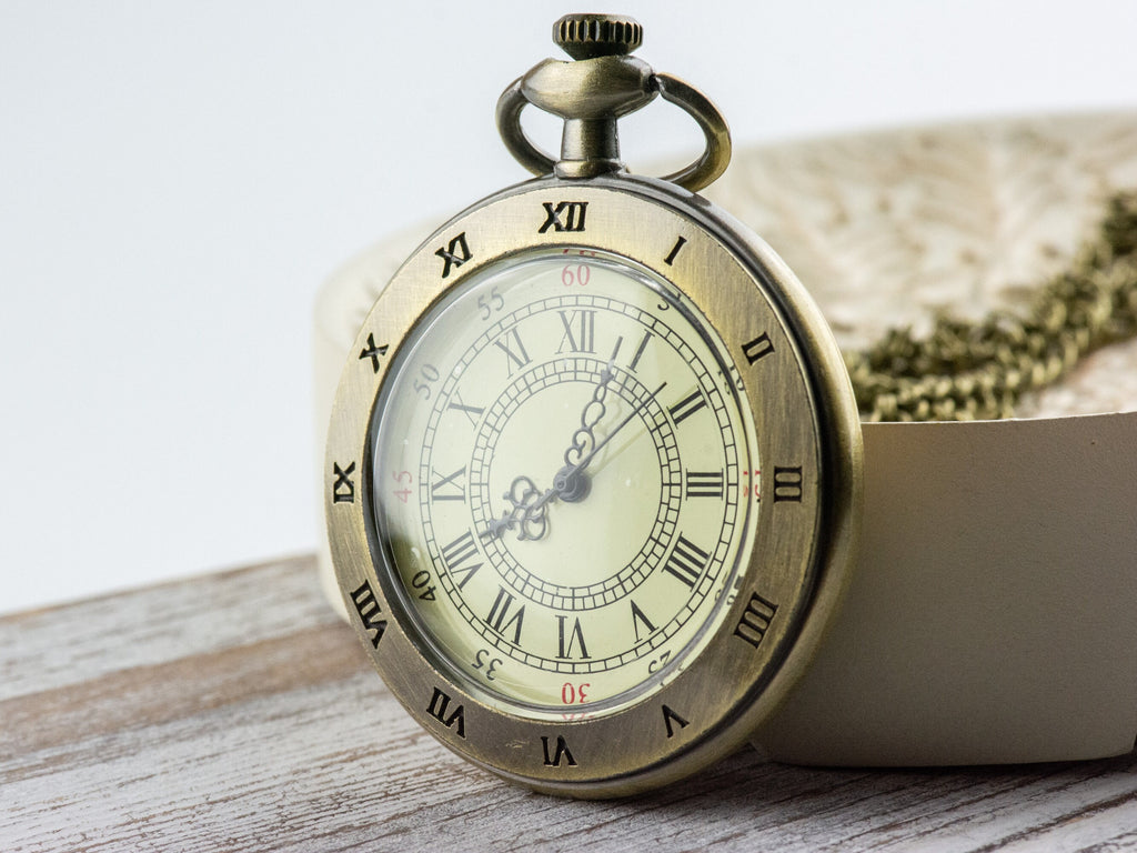 Roman Numeral Bronze Pocket Watch Long Necklace / Unique Watches / Steampunk Watch / Large Pocket Watch