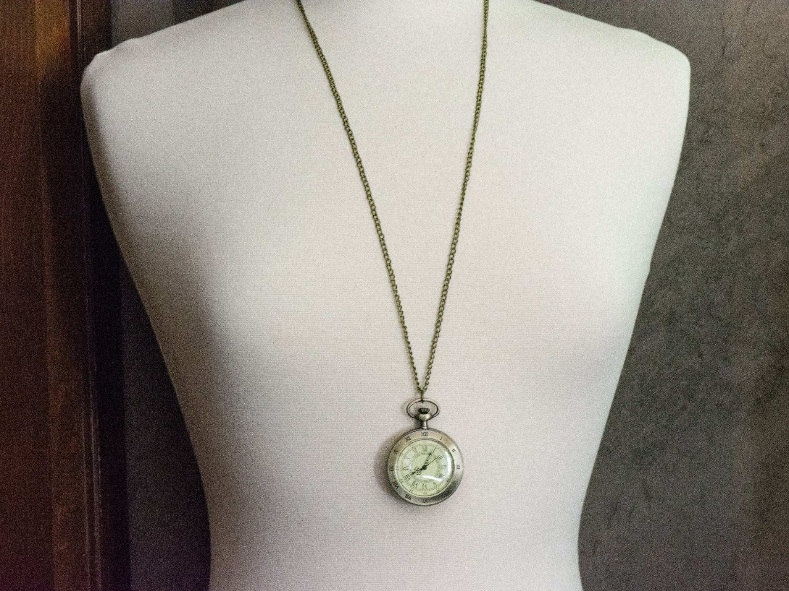 Roman Numeral Bronze Pocket Watch Long Necklace / Unique Watches / Steampunk Watch / Large Pocket Watch