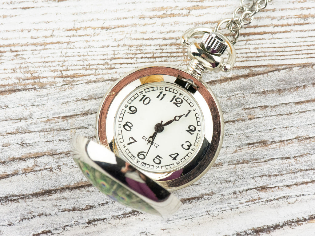 Peacock Print Porcelain Pocket Watch Long Necklace / Unique Watches / Nature Inspired Jewelry