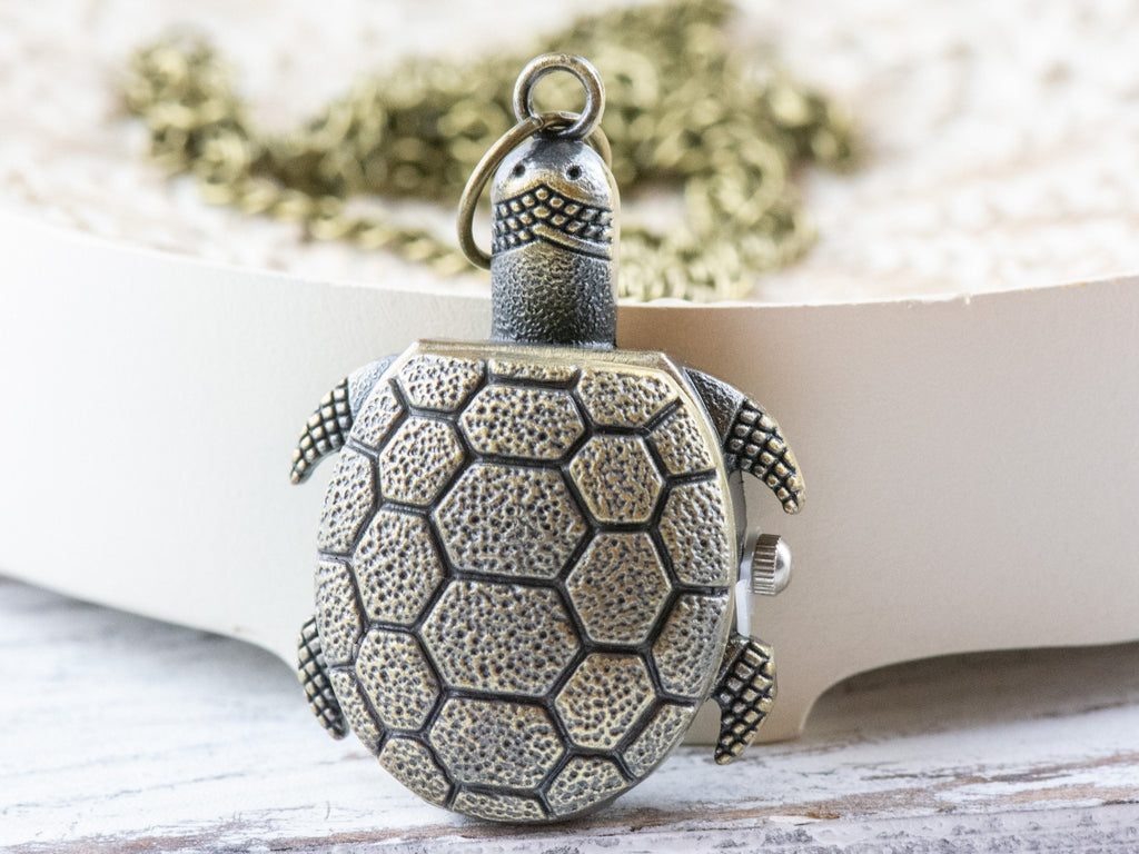 Tortoise Bronze Pocket Watch Long Necklace / Unique Watches / Sea Turtle Jewelry