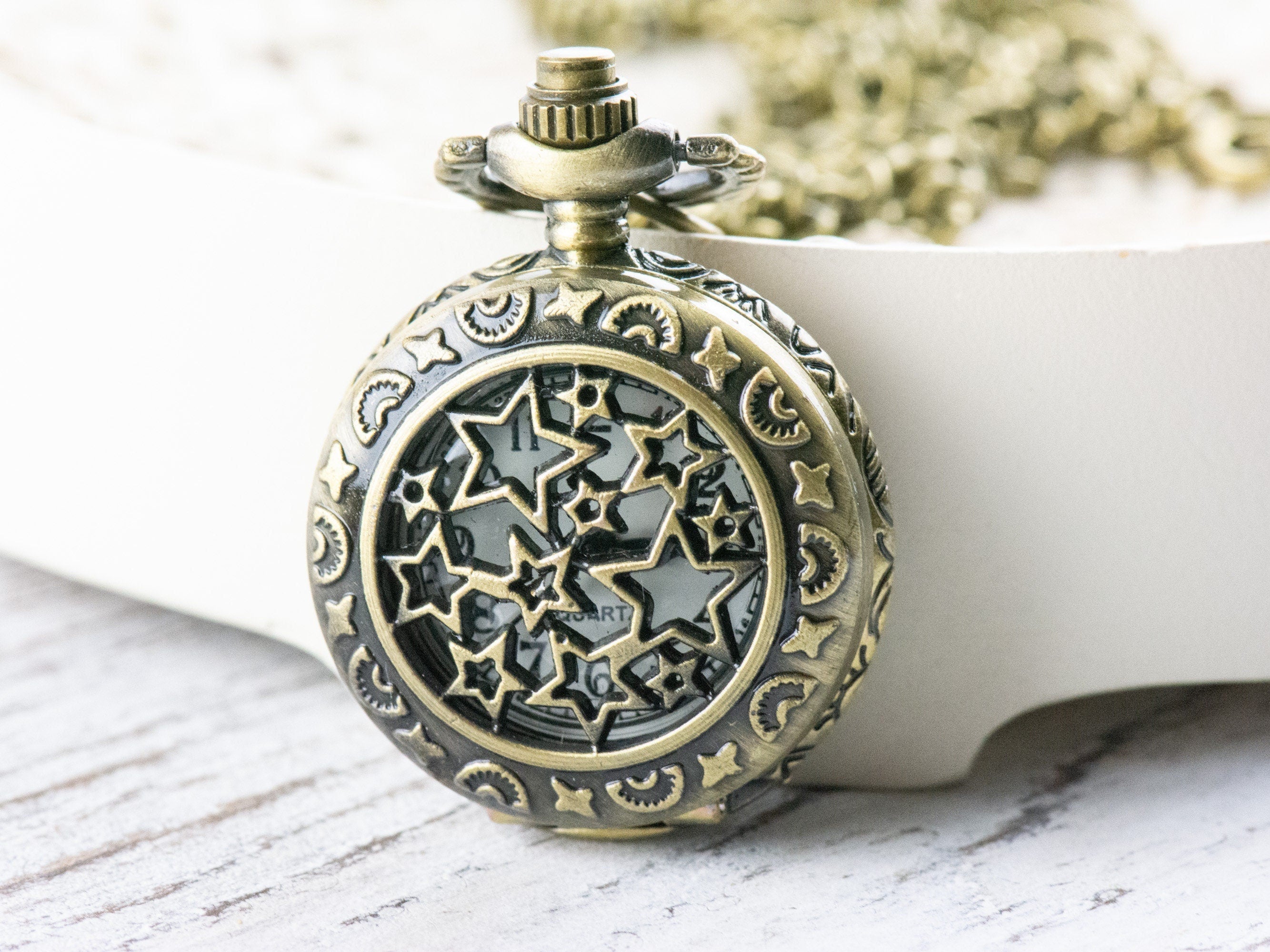 Stars Bronze Pocket Watch Long Necklace / Unique Watches / Nature Inspired Jewelry