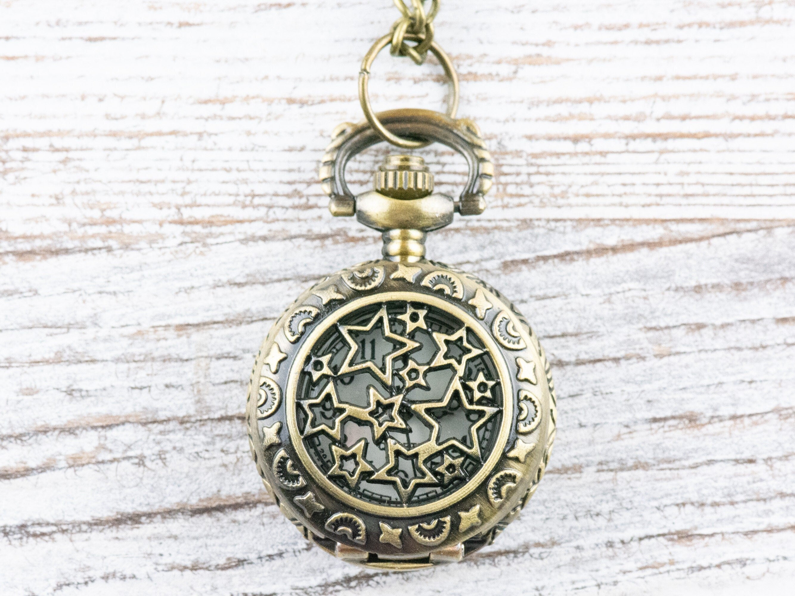 Stars Bronze Pocket Watch Long Necklace / Unique Watches / Nature Inspired Jewelry