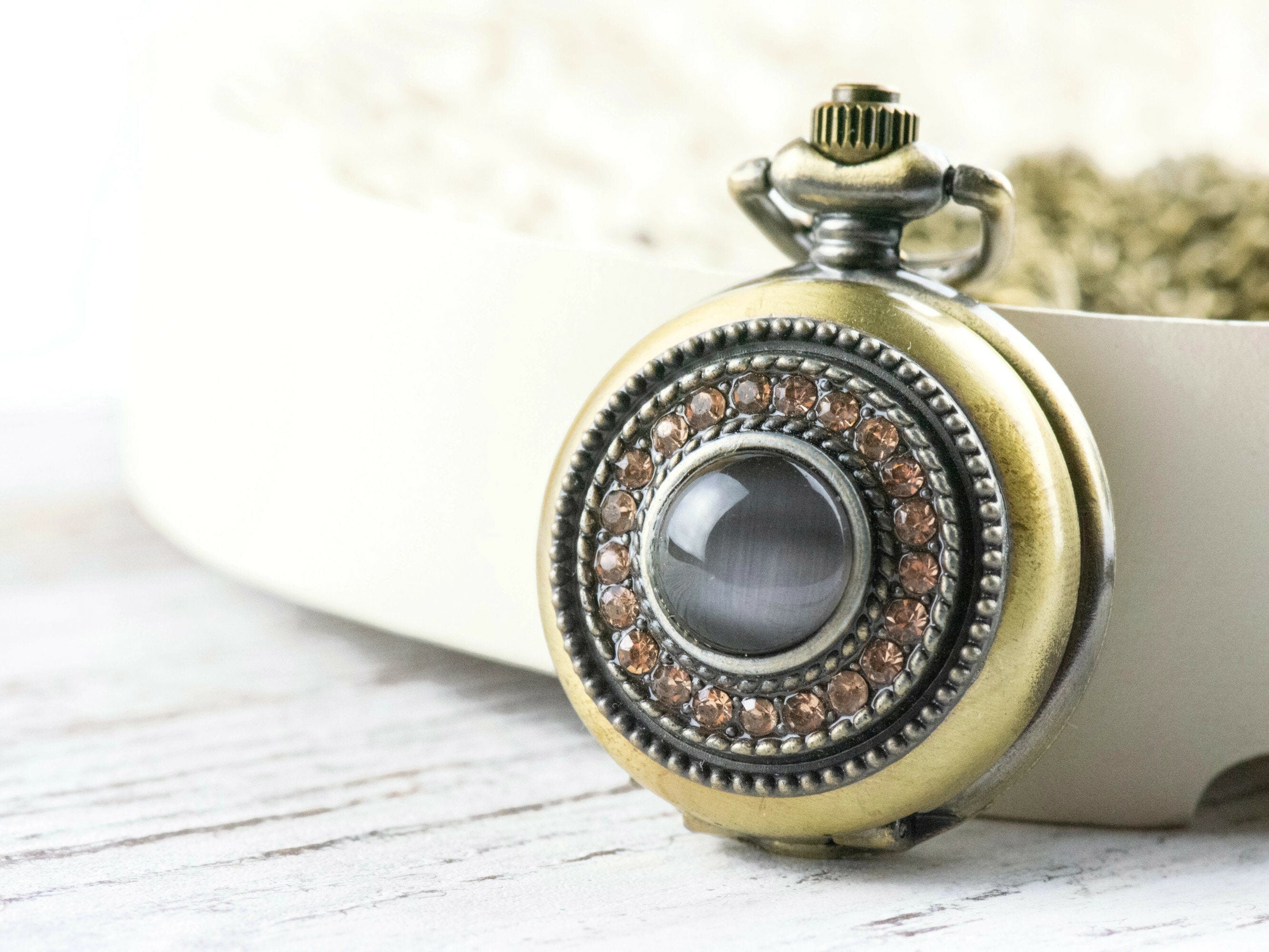 Brown Cat Eye Bronze Pocket Watch Long Necklace / Unique Watches / Rhinestone Jewelry