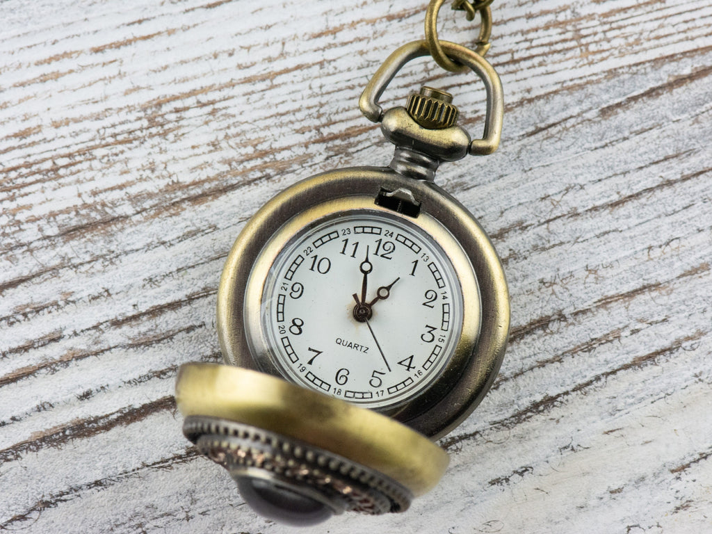 Brown Cat Eye Bronze Pocket Watch Long Necklace / Unique Watches / Rhinestone Jewelry