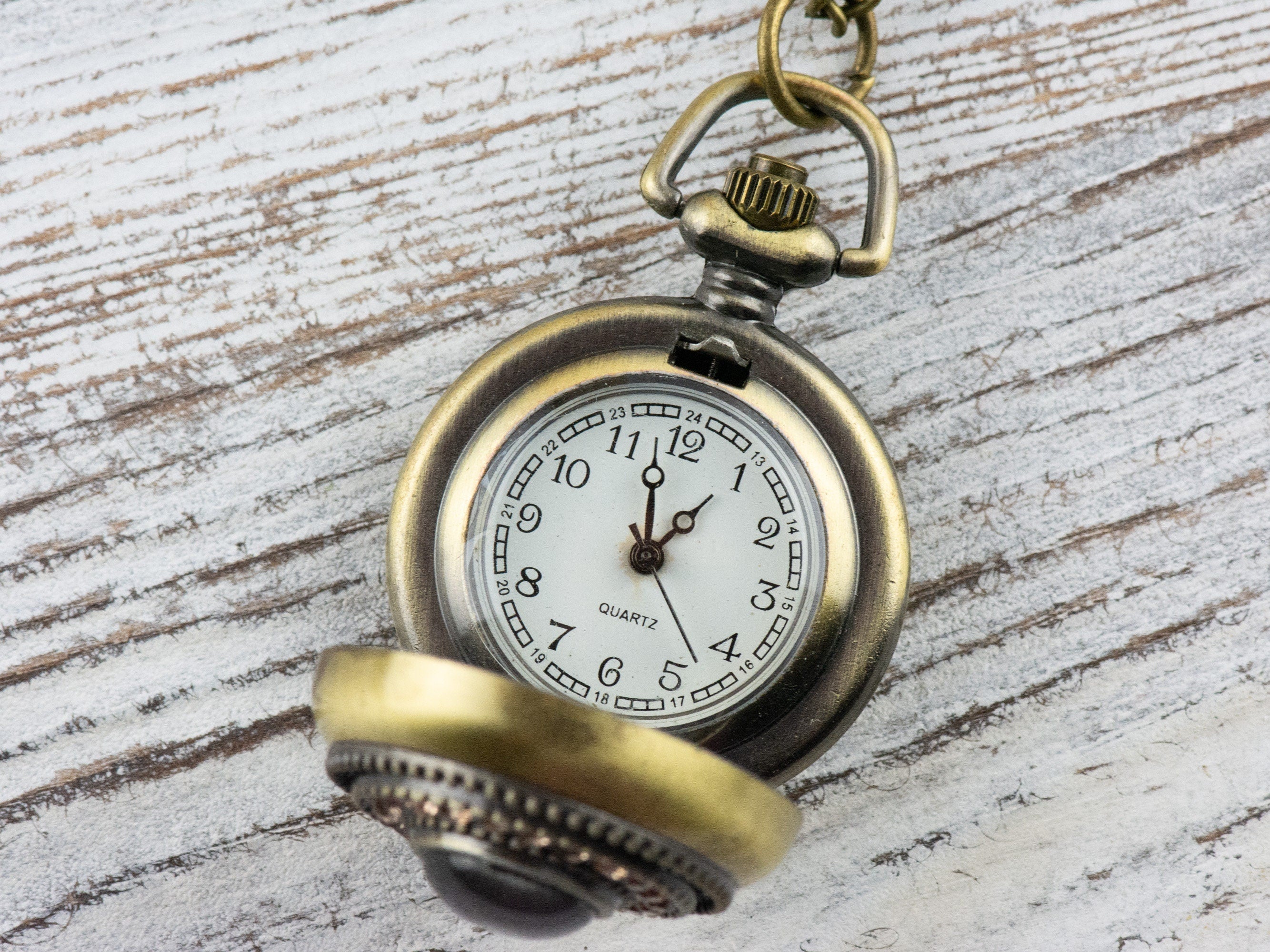 Brown Cat Eye Bronze Pocket Watch Long Necklace / Unique Watches / Rhinestone Jewelry