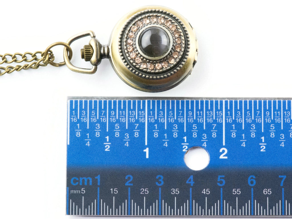 Brown Cat Eye Bronze Pocket Watch Long Necklace / Unique Watches / Rhinestone Jewelry