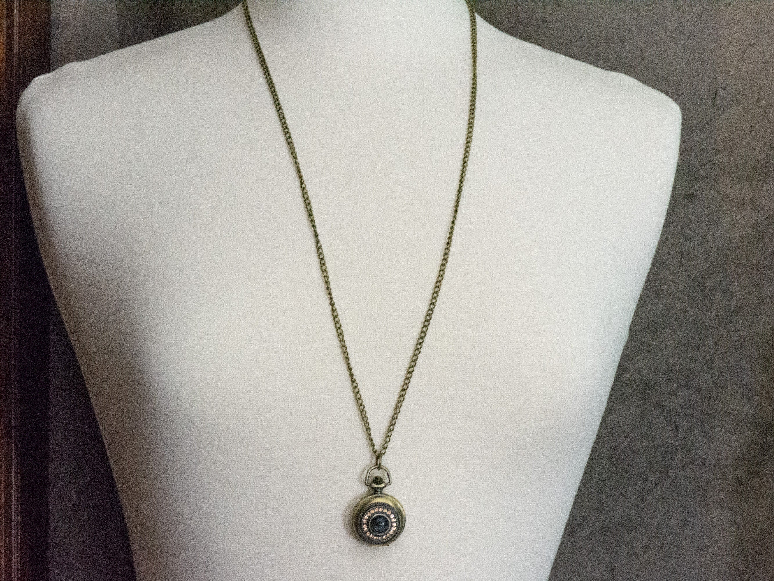 Brown Cat Eye Bronze Pocket Watch Long Necklace / Unique Watches / Rhinestone Jewelry