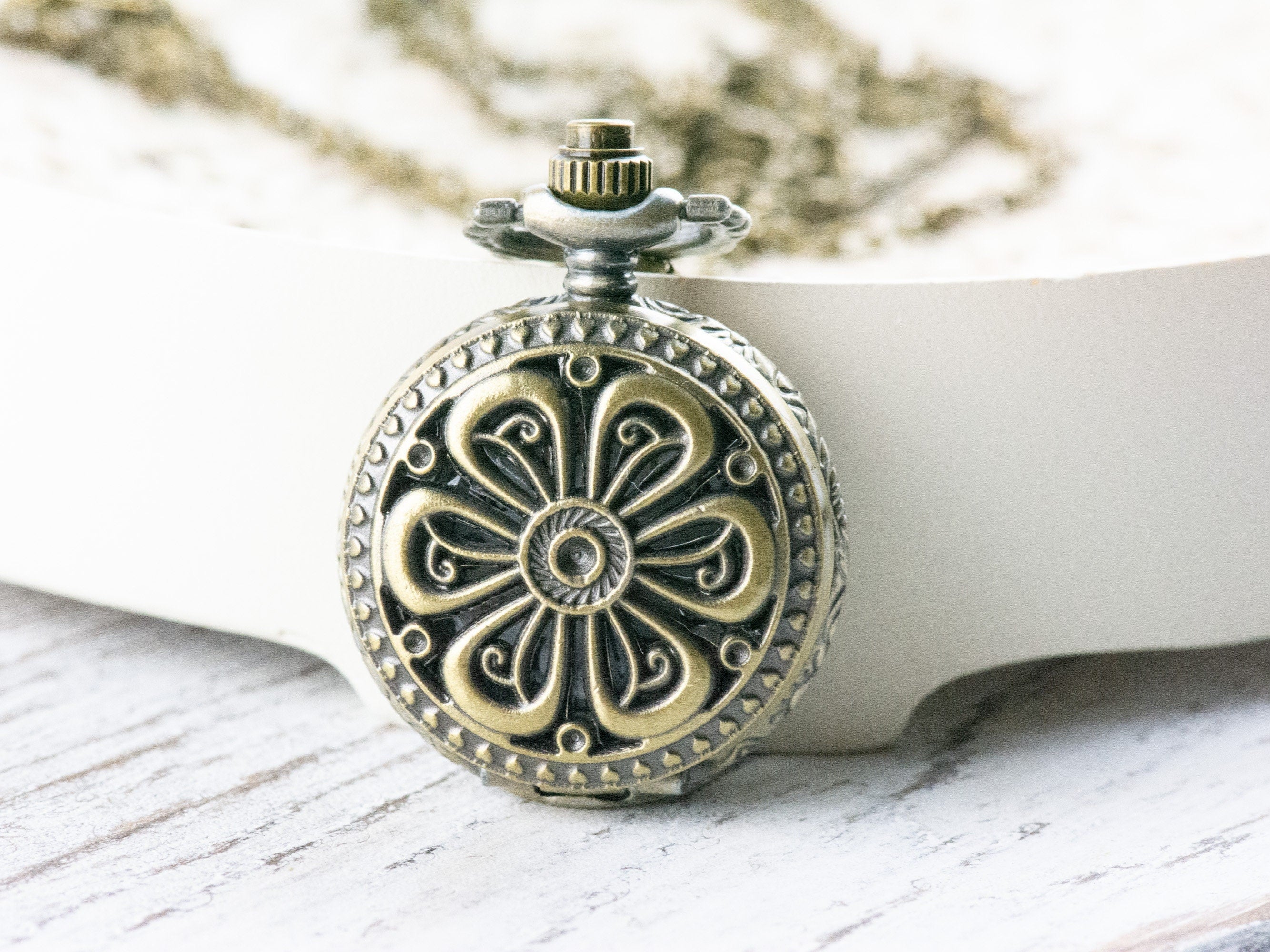 Flower Bronze Pocket Watch Long Necklace / Unique Watches / Nature Inspired Jewelry