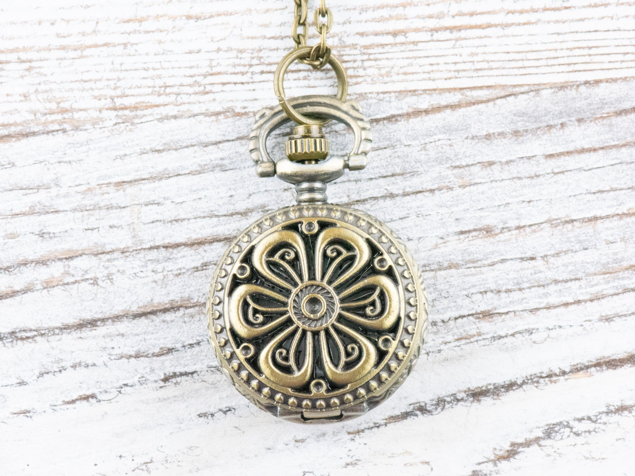 Flower Bronze Pocket Watch Long Necklace / Unique Watches / Nature Inspired Jewelry
