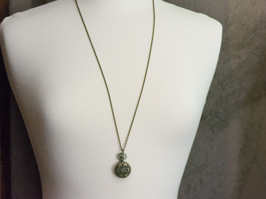 Flower Bronze Pocket Watch Long Necklace / Unique Watches / Nature Inspired Jewelry