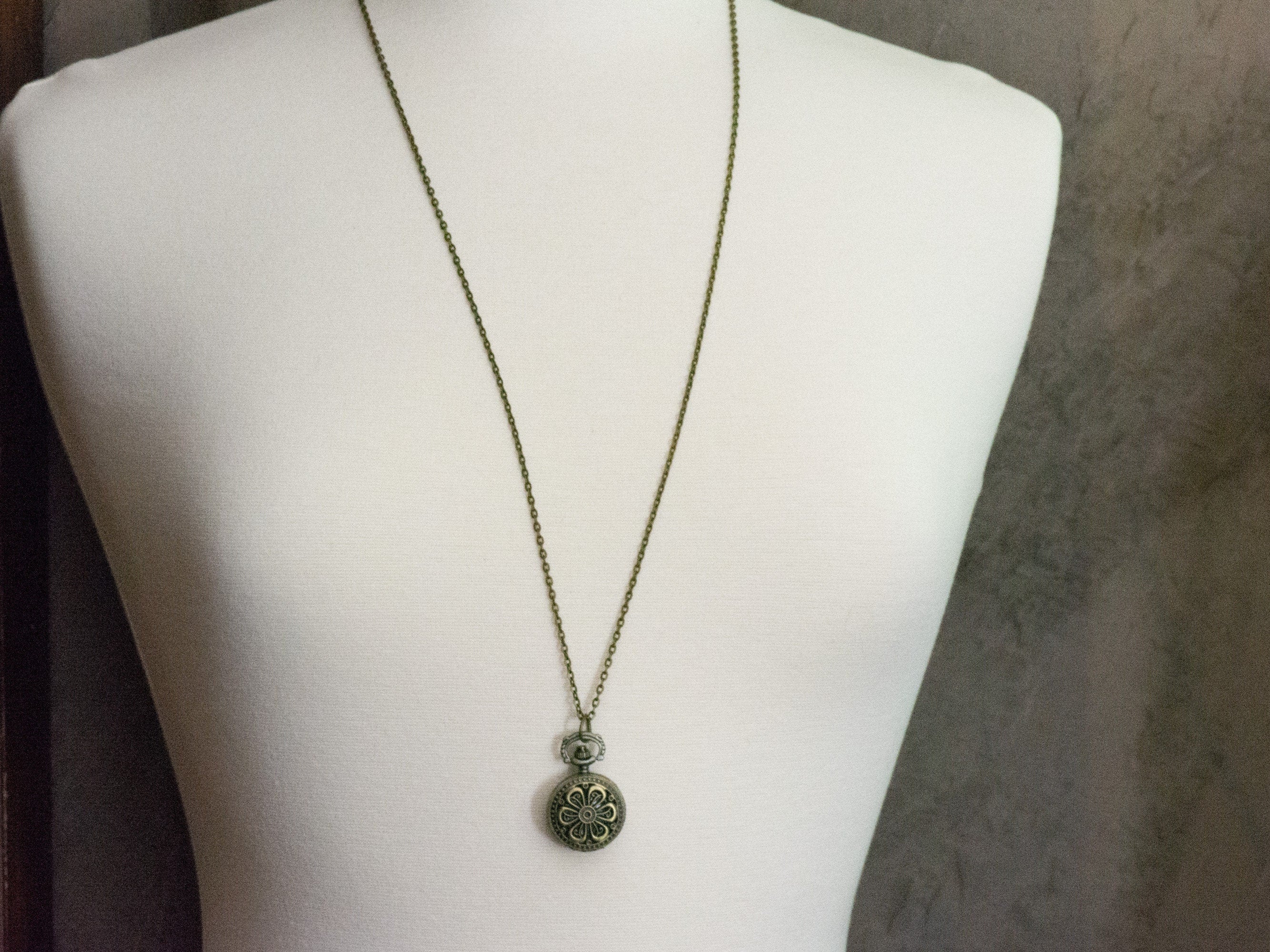 Flower Bronze Pocket Watch Long Necklace / Unique Watches / Nature Inspired Jewelry
