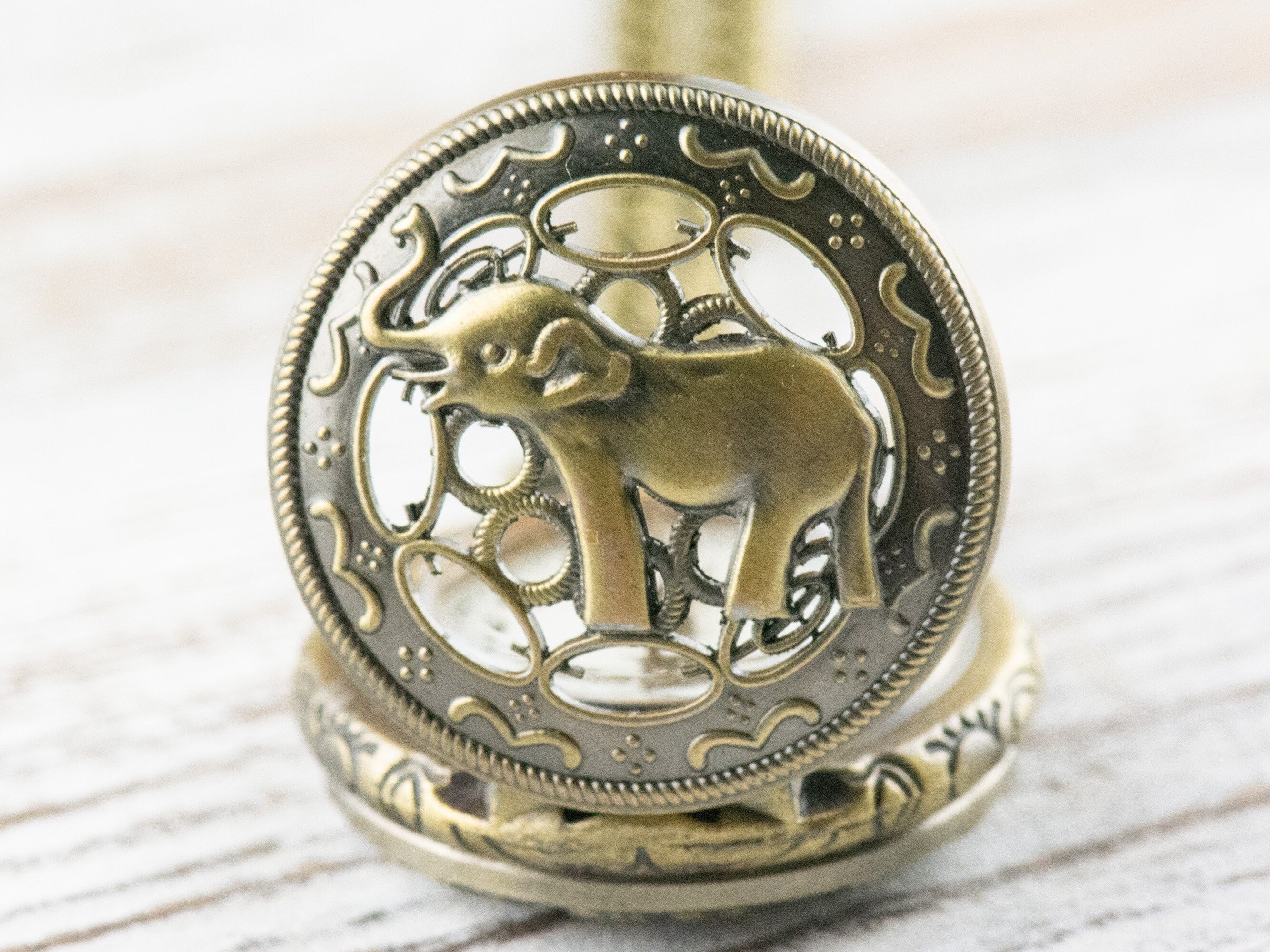 Elephant Bronze Pocket Watch Long Necklace / Unique Watches / Elephant Necklace