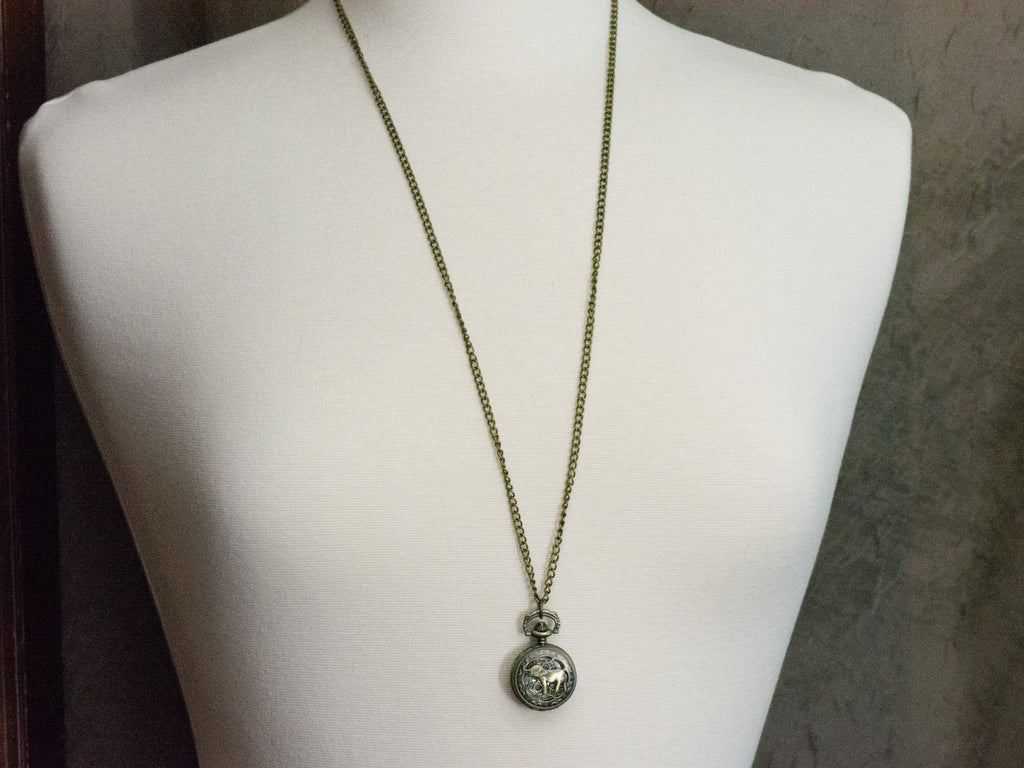 Elephant Bronze Pocket Watch Long Necklace / Unique Watches / Elephant Necklace