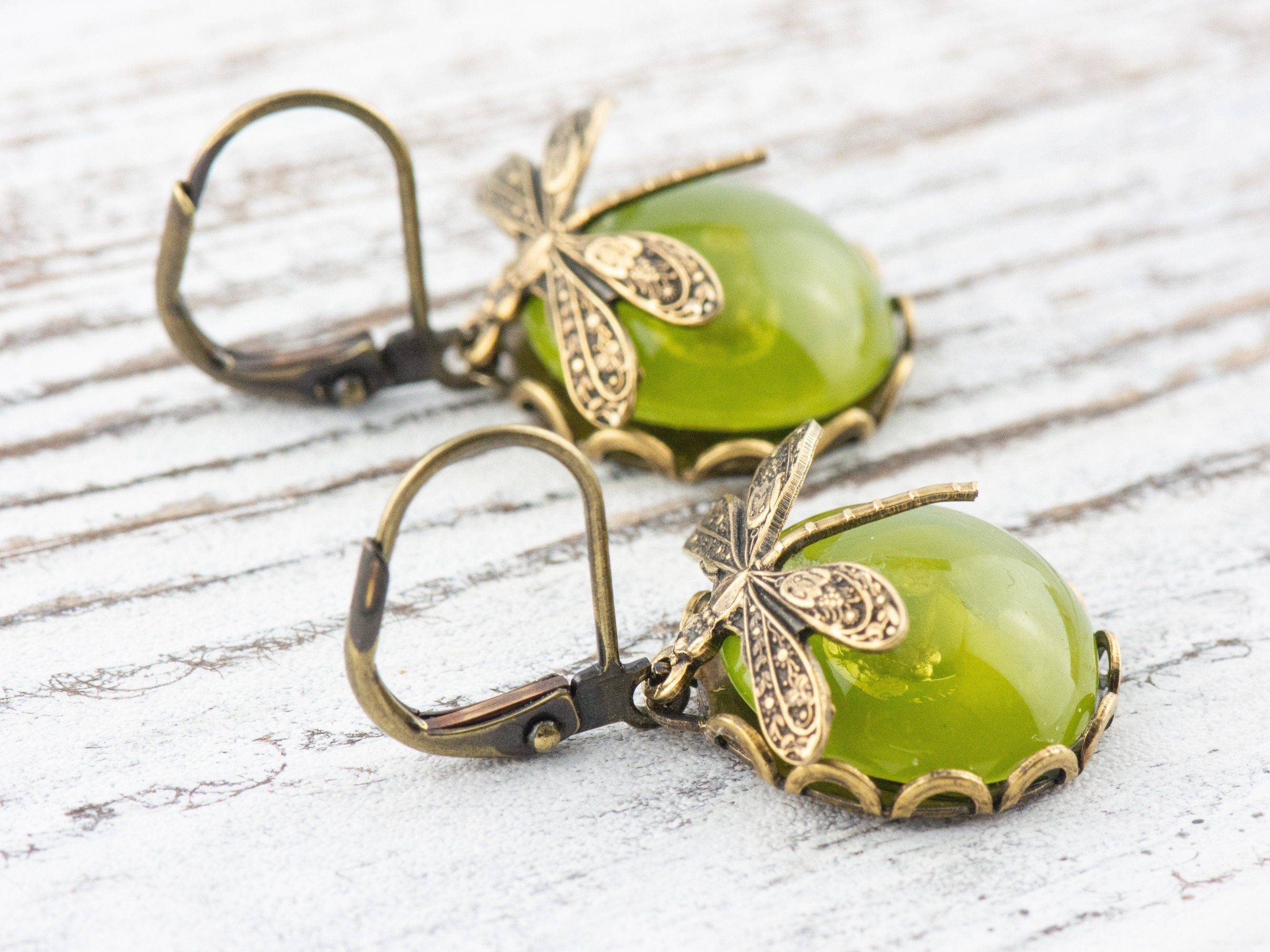 Taiwan Jade Brass Dragonfly Lever Back Earrings • Green Earrings • Handmade Nature-Inspired Jewelry • Jewelry Gift for Her