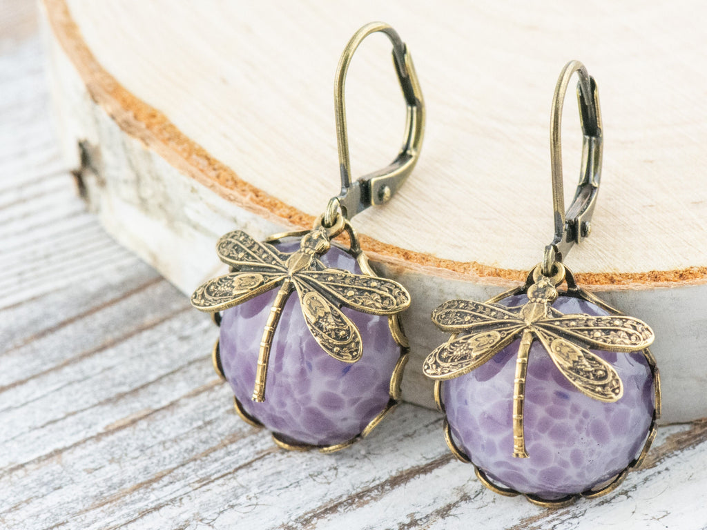 Amethyst Glass Brass Dragonfly Lever Back Earrings • Purple Earrings • Handmade Nature-Inspired Jewelry • Jewelry Gift for Her