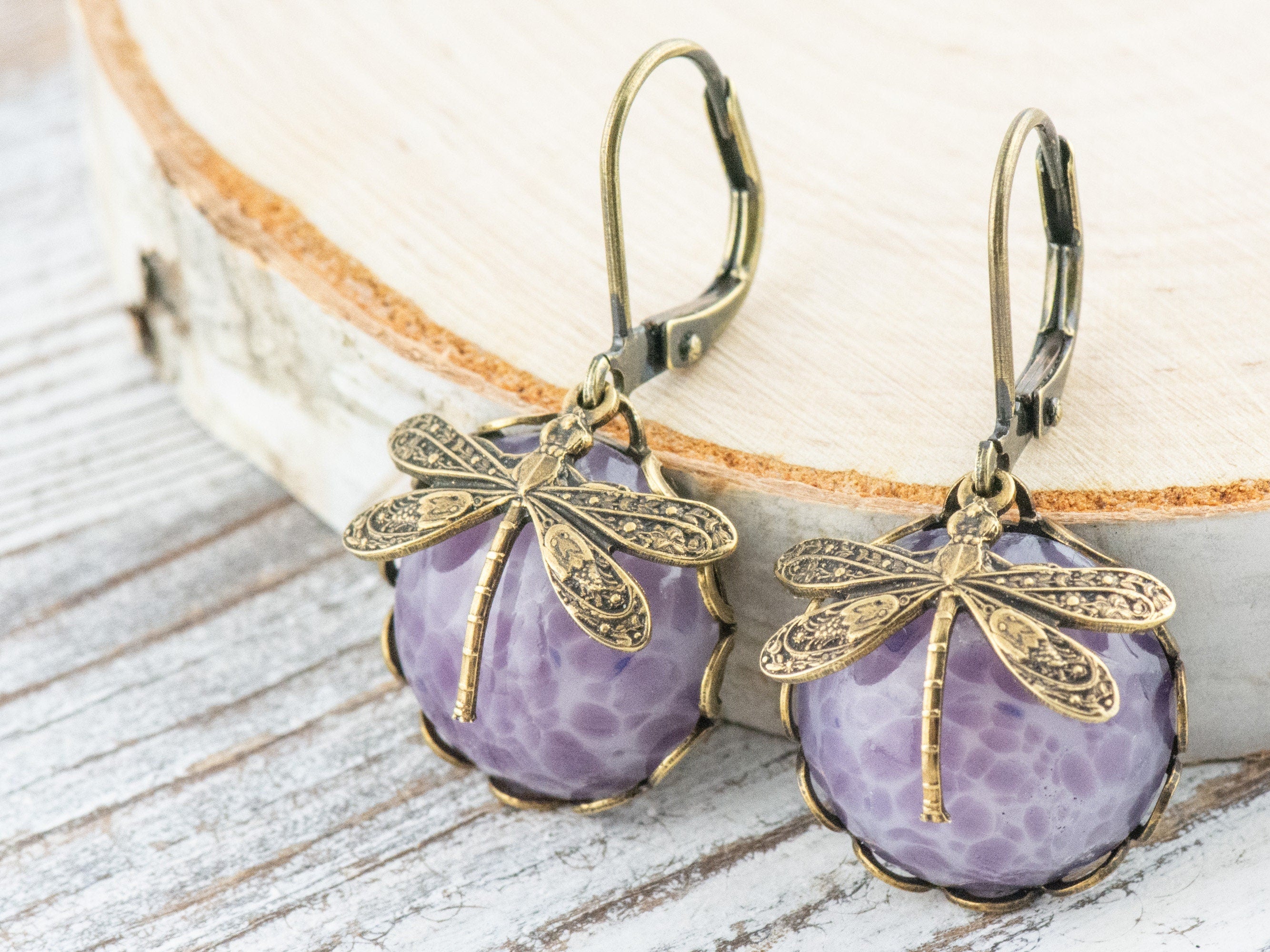 Amethyst Glass Brass Dragonfly Lever Back Earrings • Purple Earrings • Handmade Nature-Inspired Jewelry • Jewelry Gift for Her