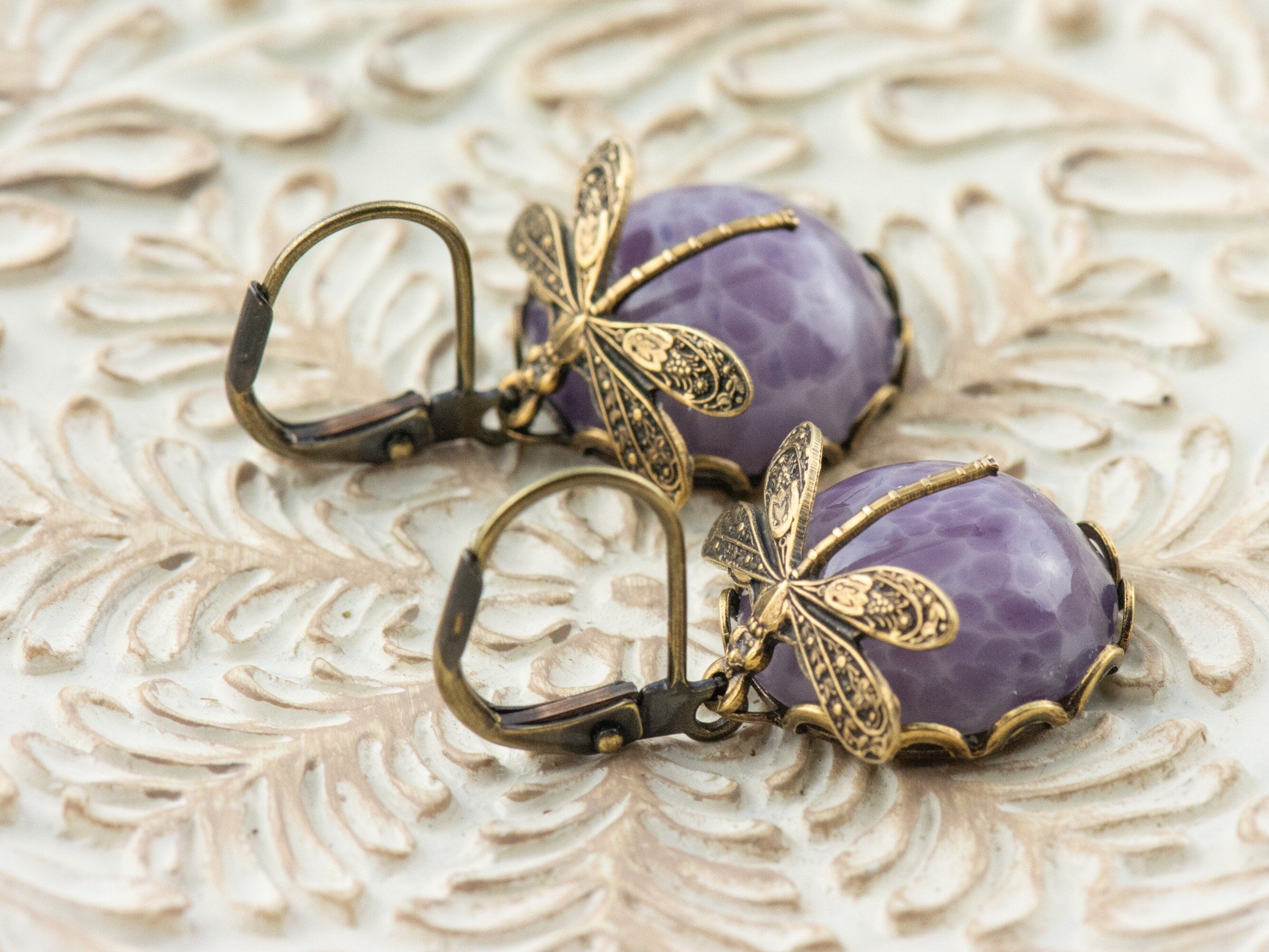 Amethyst Glass Brass Dragonfly Lever Back Earrings • Purple Earrings • Handmade Nature-Inspired Jewelry • Jewelry Gift for Her