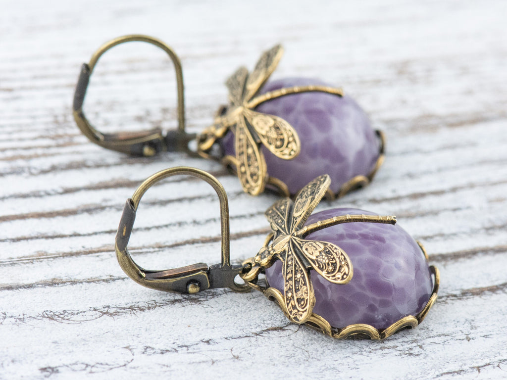 Amethyst Glass Brass Dragonfly Lever Back Earrings • Purple Earrings • Handmade Nature-Inspired Jewelry • Jewelry Gift for Her