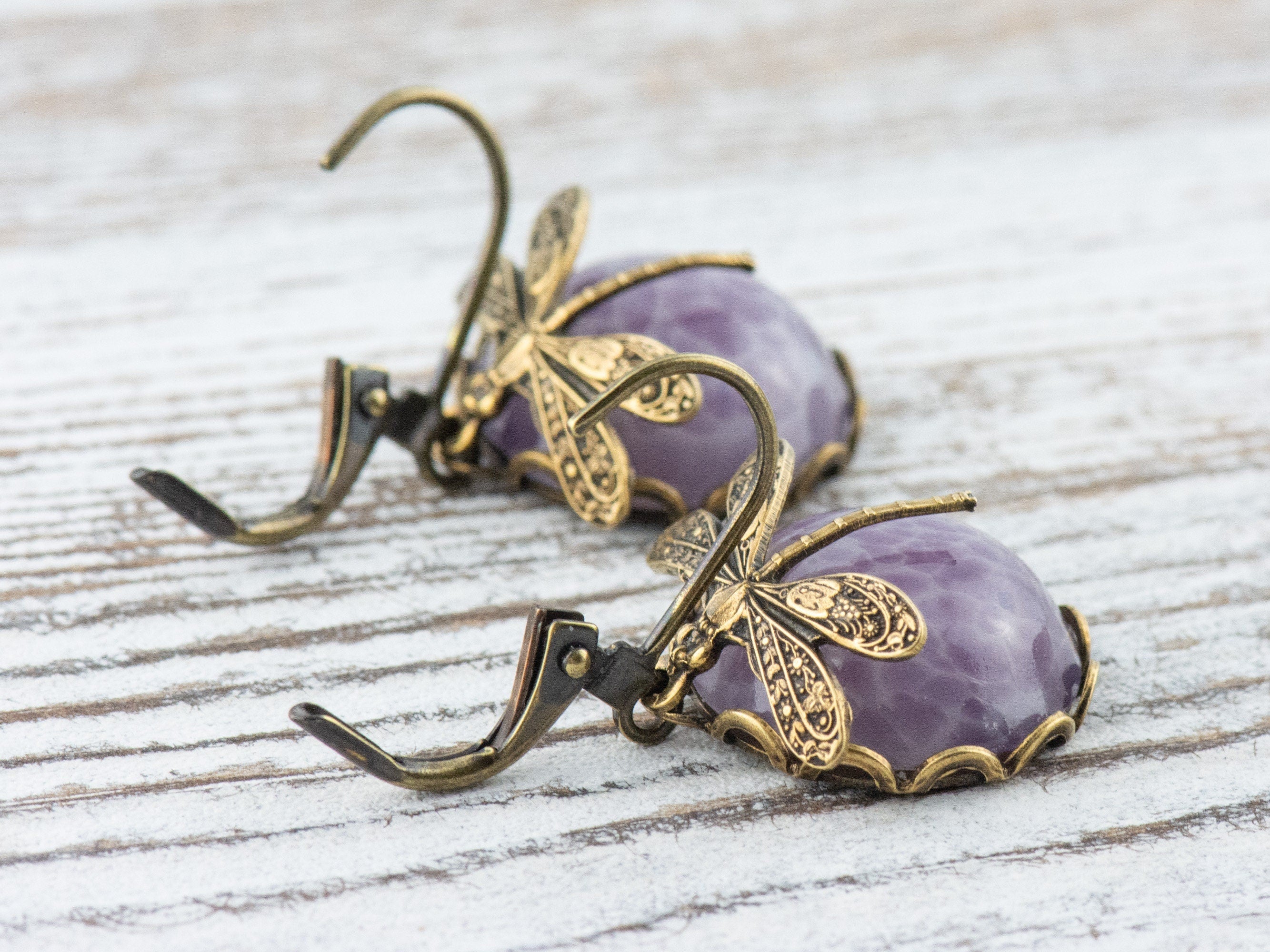 Amethyst Glass Brass Dragonfly Lever Back Earrings • Purple Earrings • Handmade Nature-Inspired Jewelry • Jewelry Gift for Her