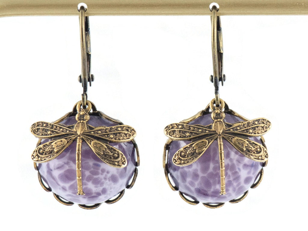 Amethyst Glass Brass Dragonfly Lever Back Earrings • Purple Earrings • Handmade Nature-Inspired Jewelry • Jewelry Gift for Her