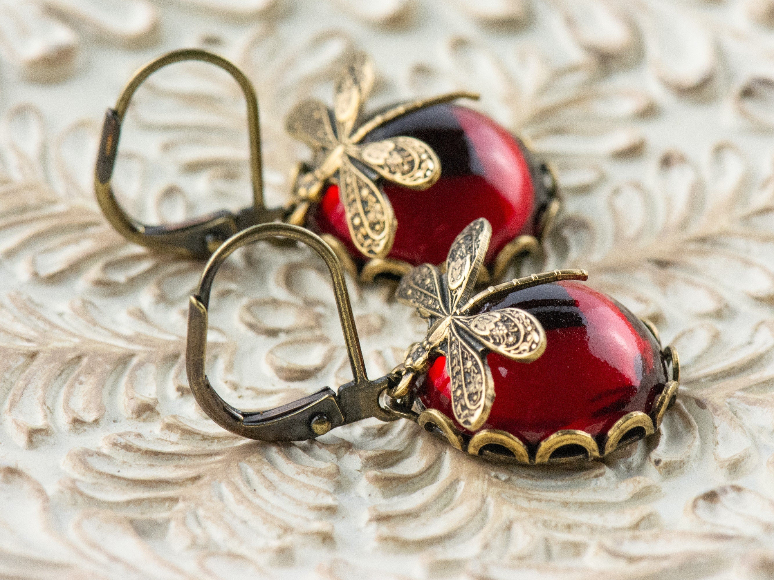 Ruby Red Brass Dragonfly Lever Back Earrings • Vintage Swarovski • Handmade Nature-Inspired Jewelry • Jewelry Gift for Her