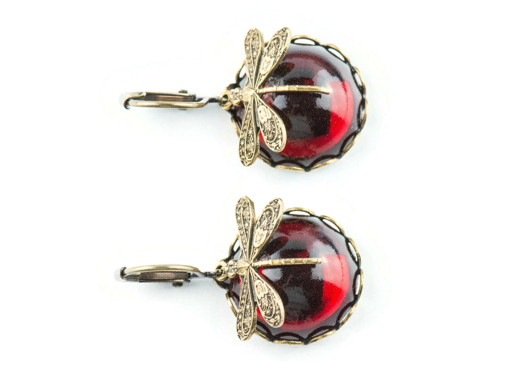 Ruby Red Brass Dragonfly Lever Back Earrings • Vintage Swarovski • Handmade Nature-Inspired Jewelry • Jewelry Gift for Her
