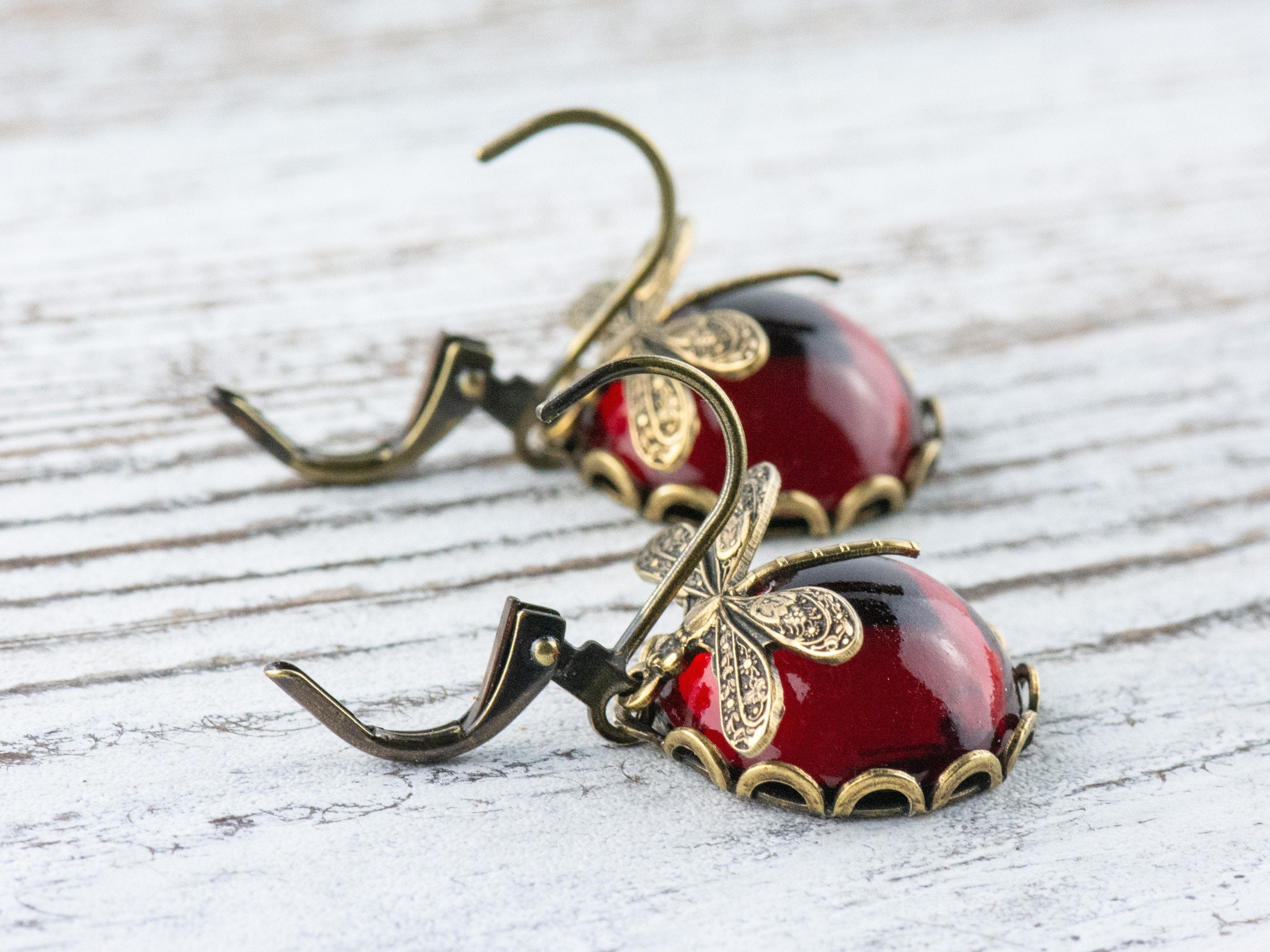 Ruby Red Brass Dragonfly Lever Back Earrings • Vintage Swarovski • Handmade Nature-Inspired Jewelry • Jewelry Gift for Her
