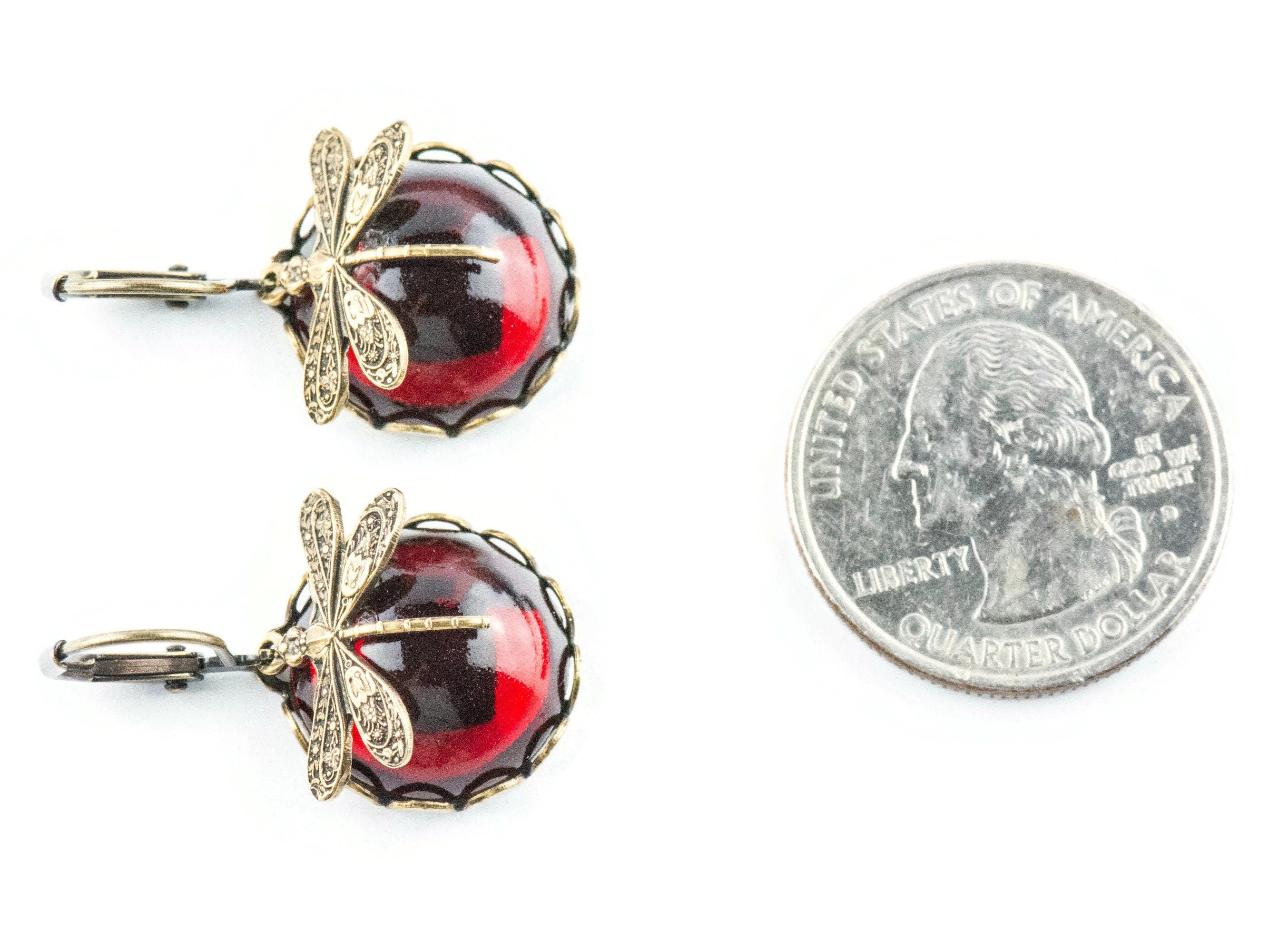 Ruby Red Brass Dragonfly Lever Back Earrings • Vintage Swarovski • Handmade Nature-Inspired Jewelry • Jewelry Gift for Her