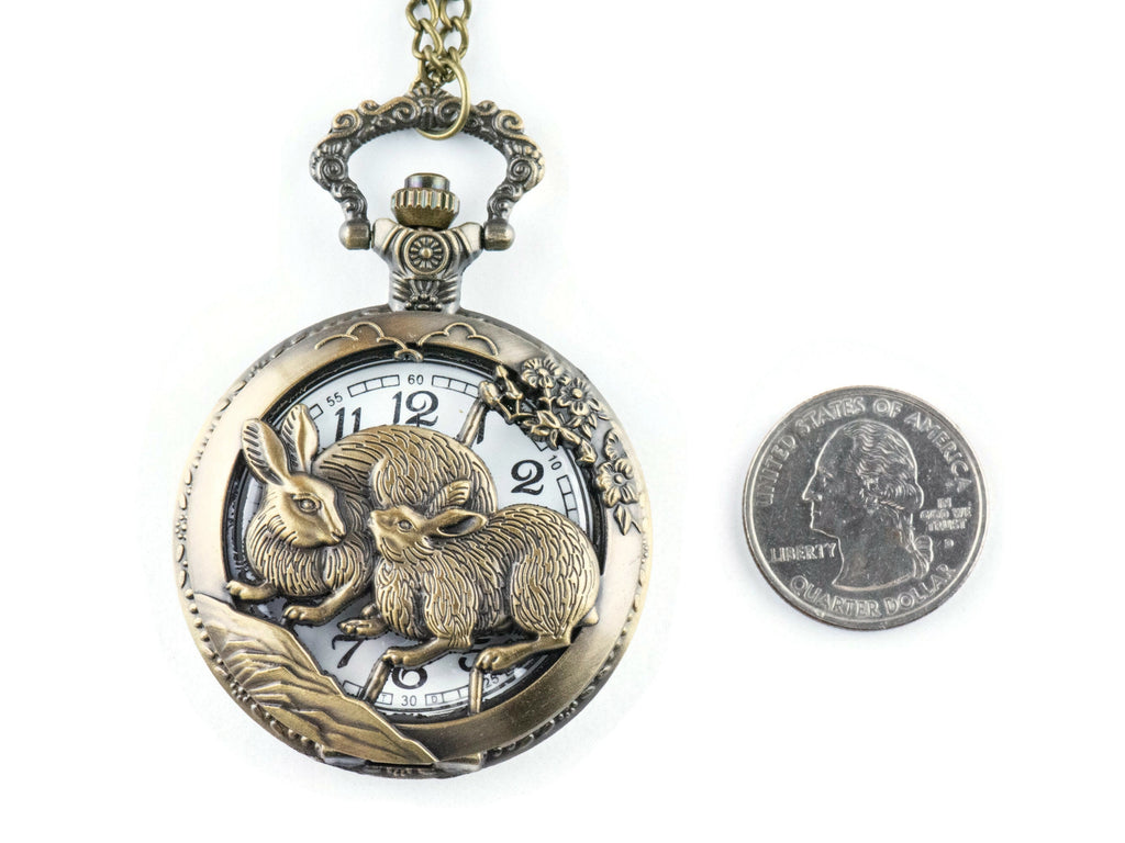Rabbit Bronze Pocket Watch Long Necklace / Unique Watches / Nature Inspired Jewelry / Large Pocket Watch