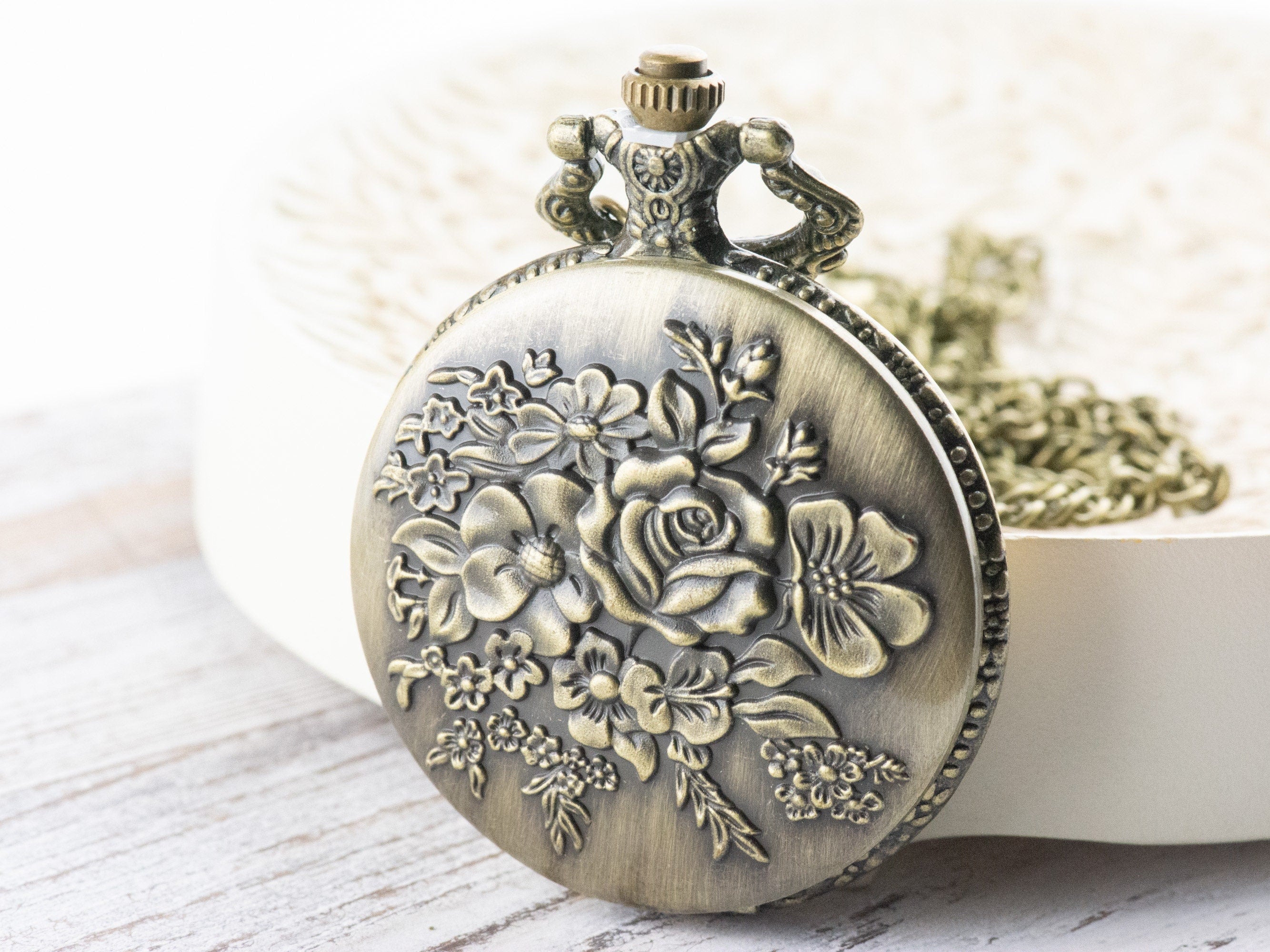 Roses Bronze Pocket Watch Long Necklace / Unique Watches / Nature Inspired Jewelry / Large Pocket Watch