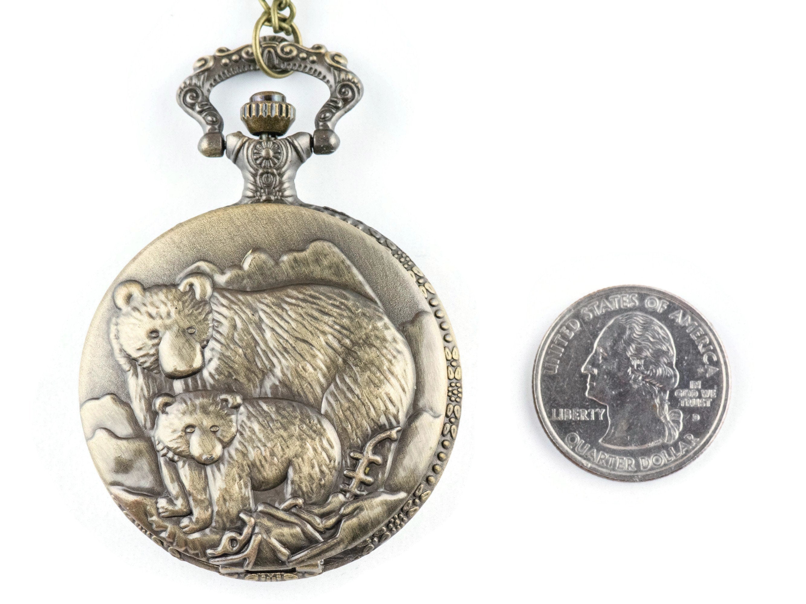 Bears Bronze Pocket Watch Long Necklace / Unique Watches / Nature Inspired Jewelry / Large Pocket Watch