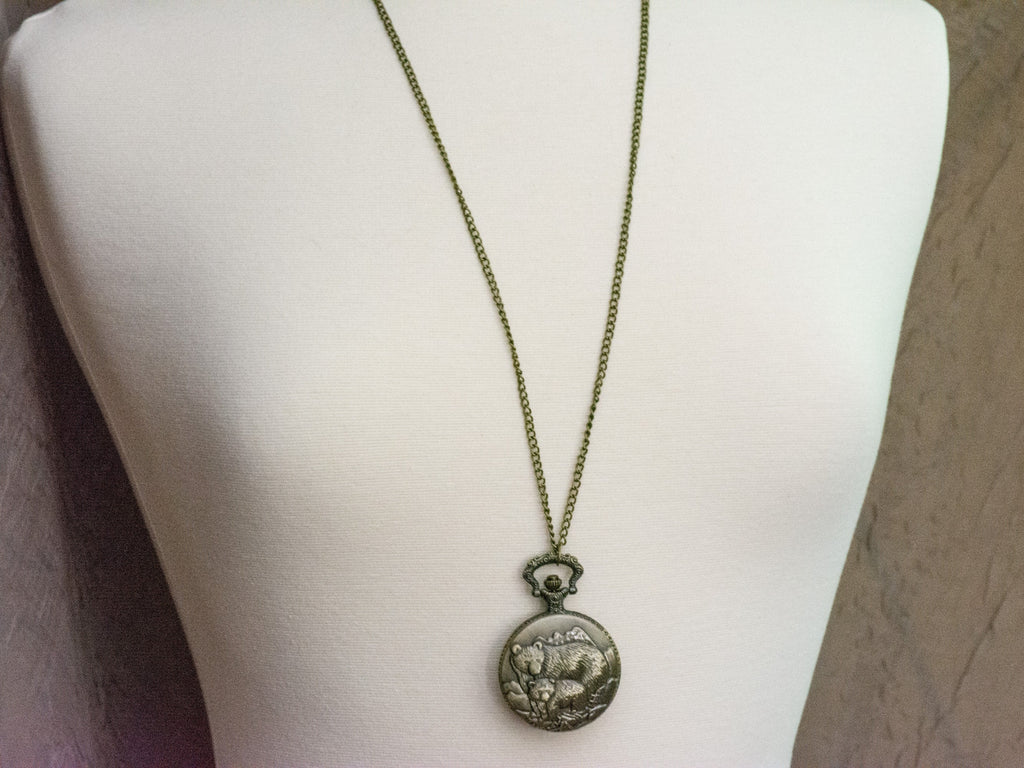 Bears Bronze Pocket Watch Long Necklace / Unique Watches / Nature Inspired Jewelry / Large Pocket Watch