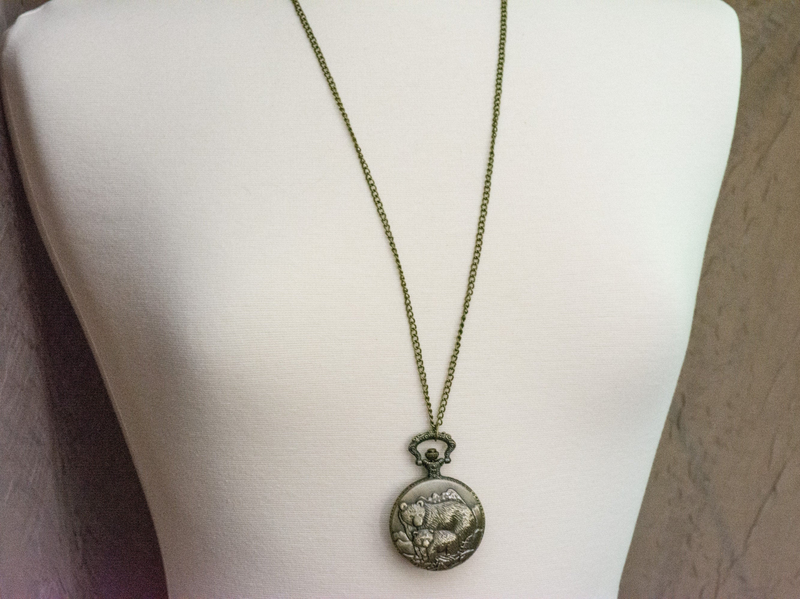 Bears Bronze Pocket Watch Long Necklace / Unique Watches / Nature Inspired Jewelry / Large Pocket Watch