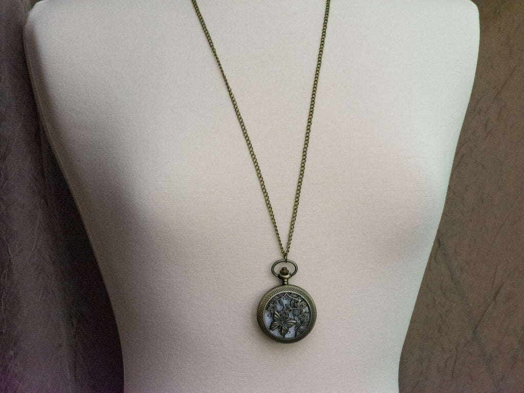 Butterfly Floral Bronze Pocket Watch Long Necklace / Unique Watches / Nature Inspired Jewelry / Large Pocket Watch