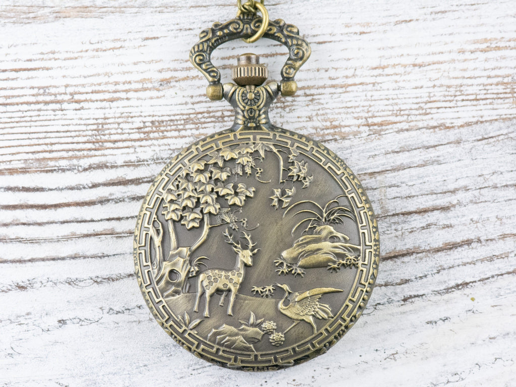 Woodland Bronze Pocket Watch Long Necklace / Unique Watches / Nature Inspired Jewelry / Large Pocket Watch