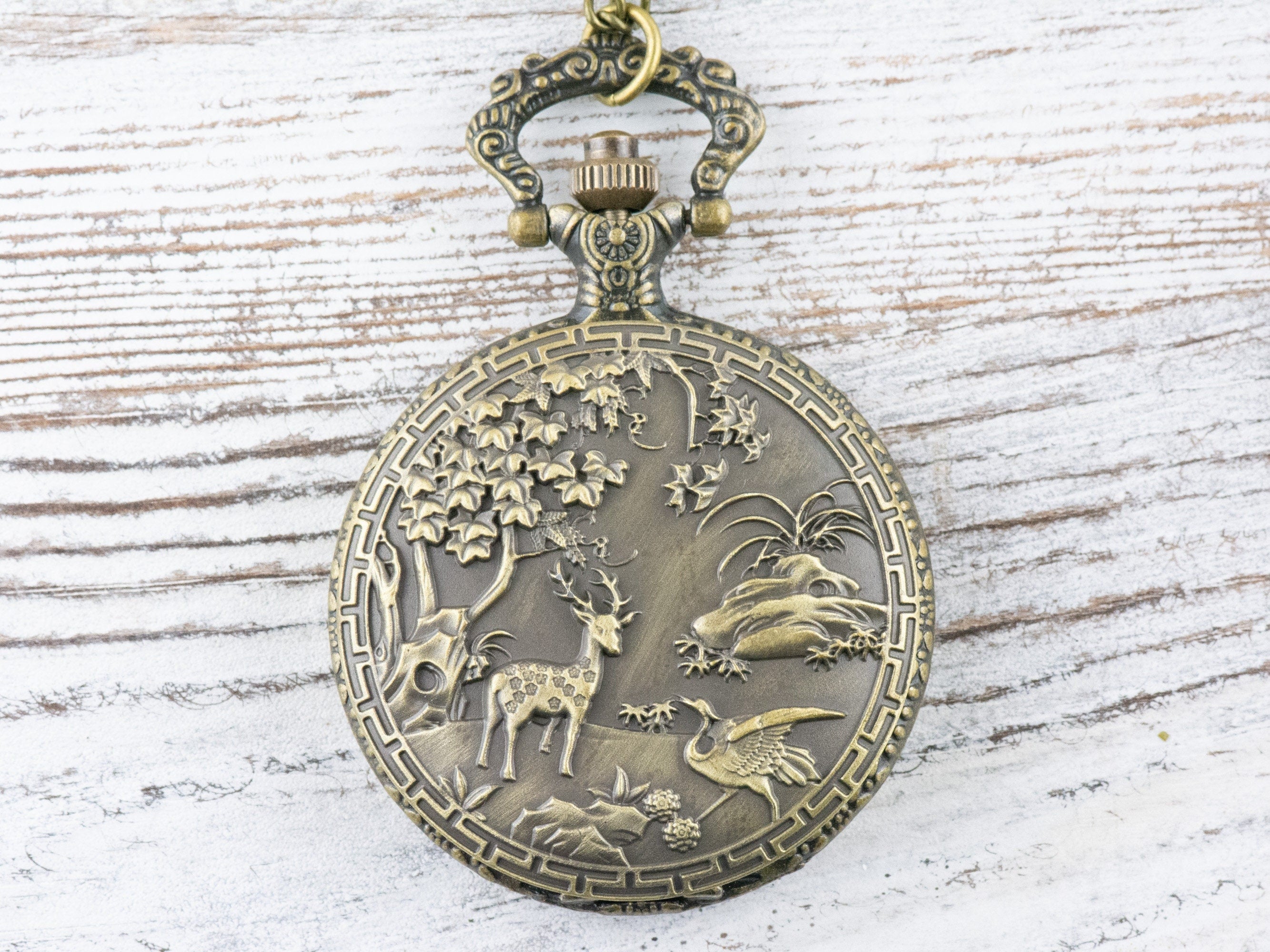 Woodland Bronze Pocket Watch Long Necklace / Unique Watches / Nature Inspired Jewelry / Large Pocket Watch