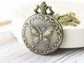 Butterfly Charm Bronze Pocket Watch Long Necklace / Unique Watches / Nature Inspired Jewelry / Large Pocket Watch