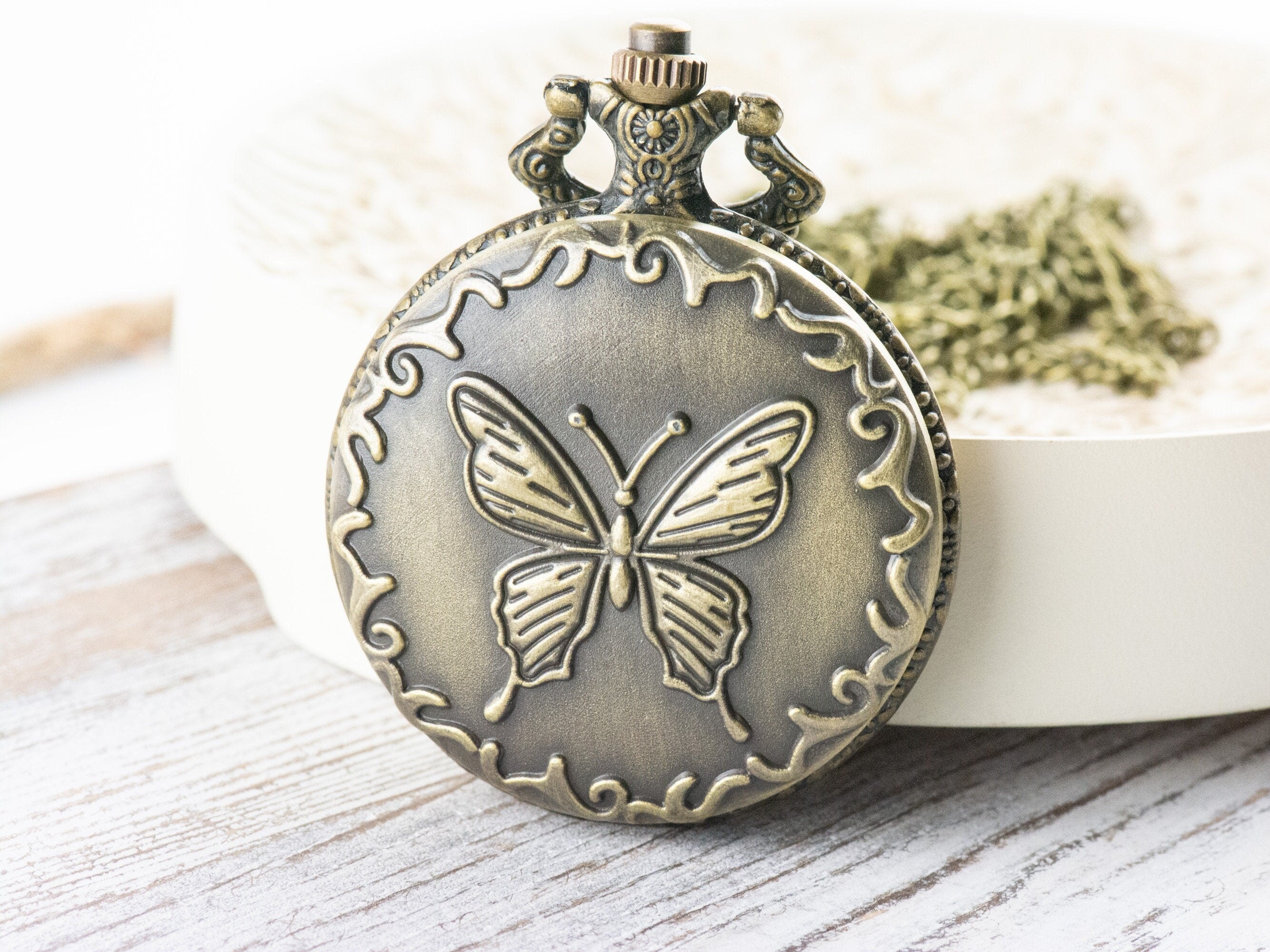 Butterfly Charm Bronze Pocket Watch Long Necklace / Unique Watches / Nature Inspired Jewelry / Large Pocket Watch