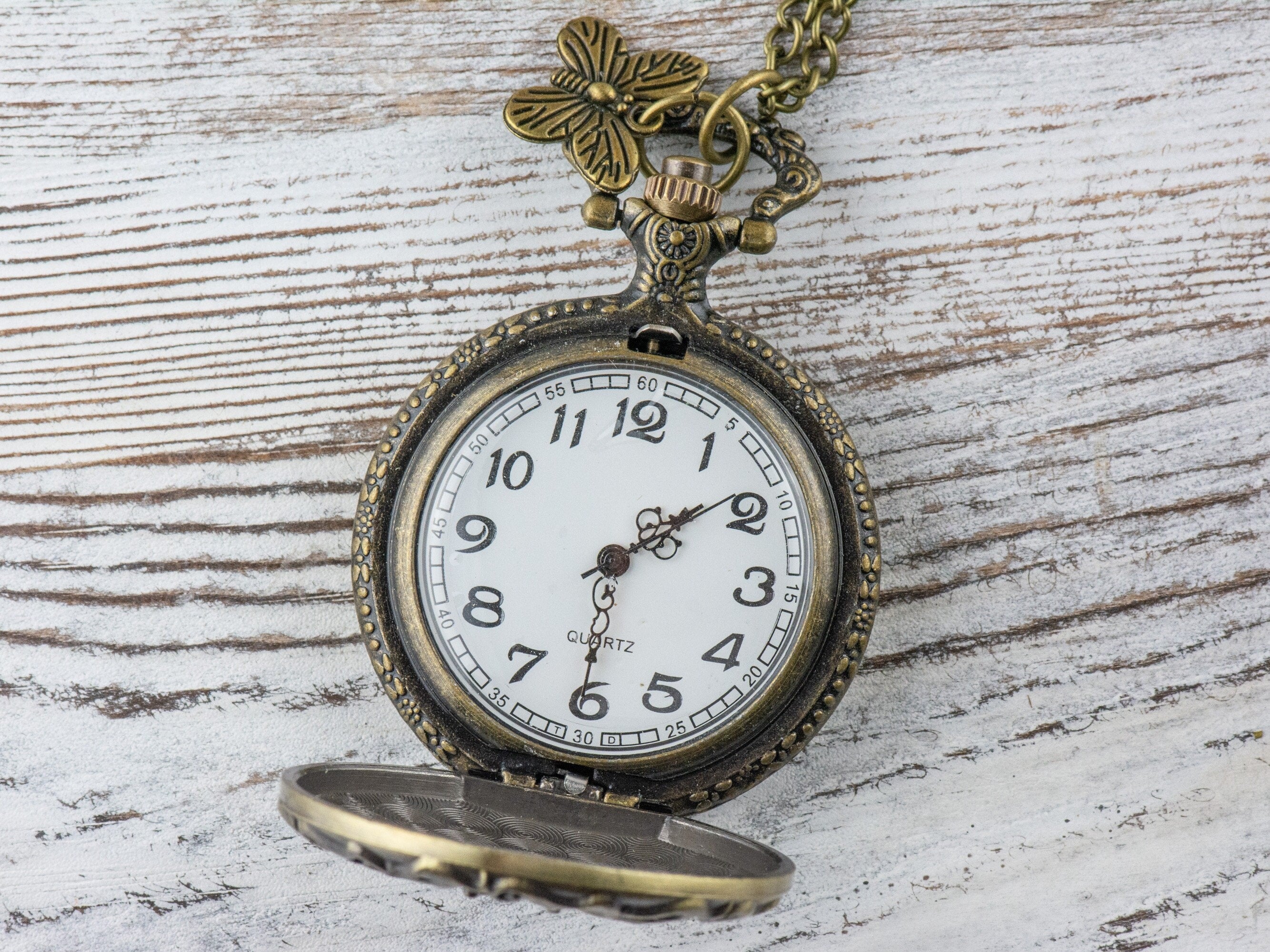 Butterfly Charm Bronze Pocket Watch Long Necklace / Unique Watches / Nature Inspired Jewelry / Large Pocket Watch