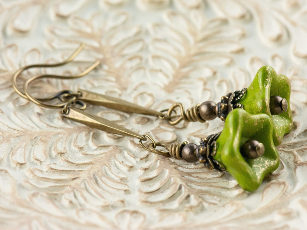 Green Floral Brass Earrings • Czech Glass Flowers • Handmade Earthy Nature Jewelry • Long Earrings