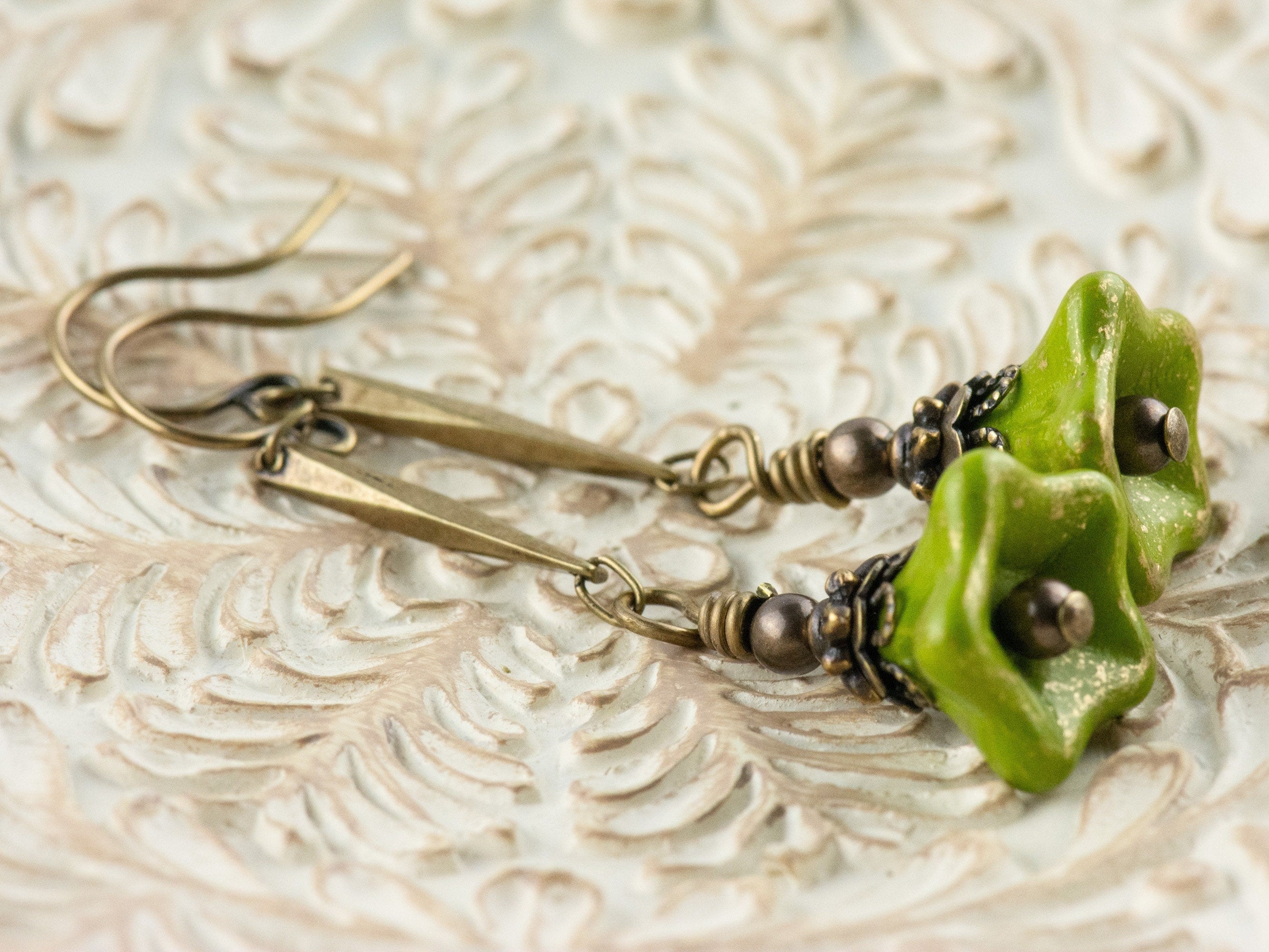 Green Floral Brass Earrings • Czech Glass Flowers • Handmade Earthy Nature Jewelry • Long Earrings