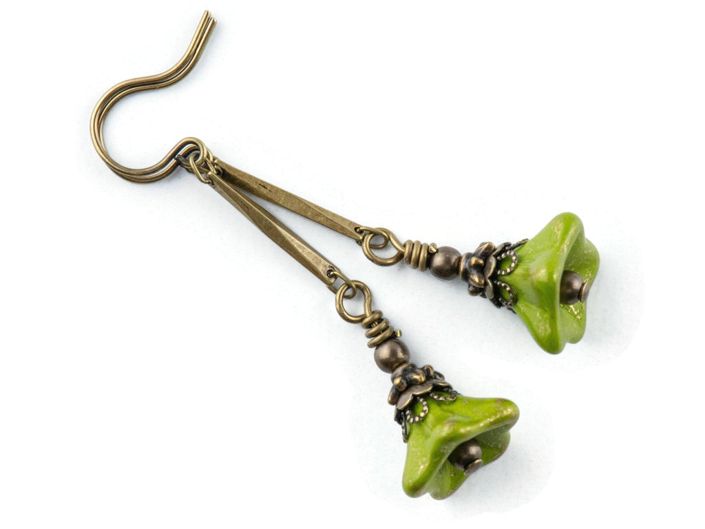 Green Floral Brass Earrings • Czech Glass Flowers • Handmade Earthy Nature Jewelry • Long Earrings