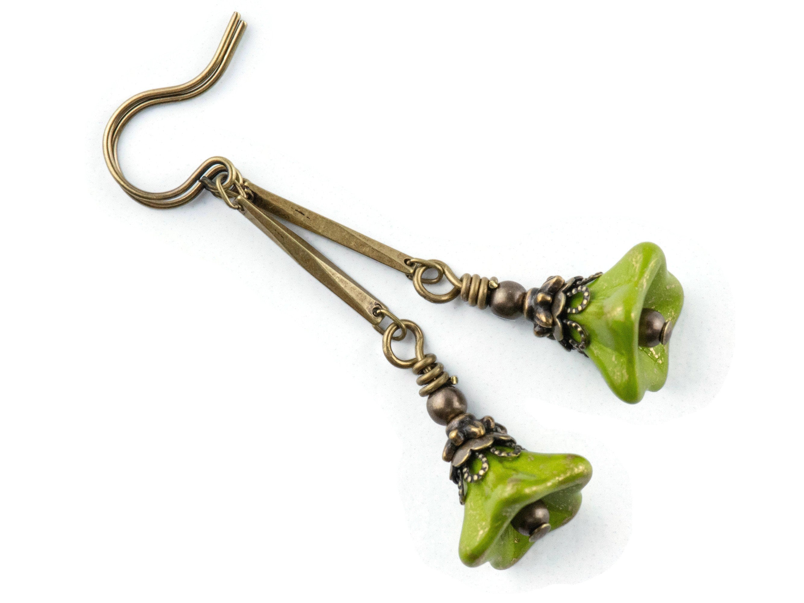 Green Floral Brass Earrings • Czech Glass Flowers • Handmade Earthy Nature Jewelry • Long Earrings