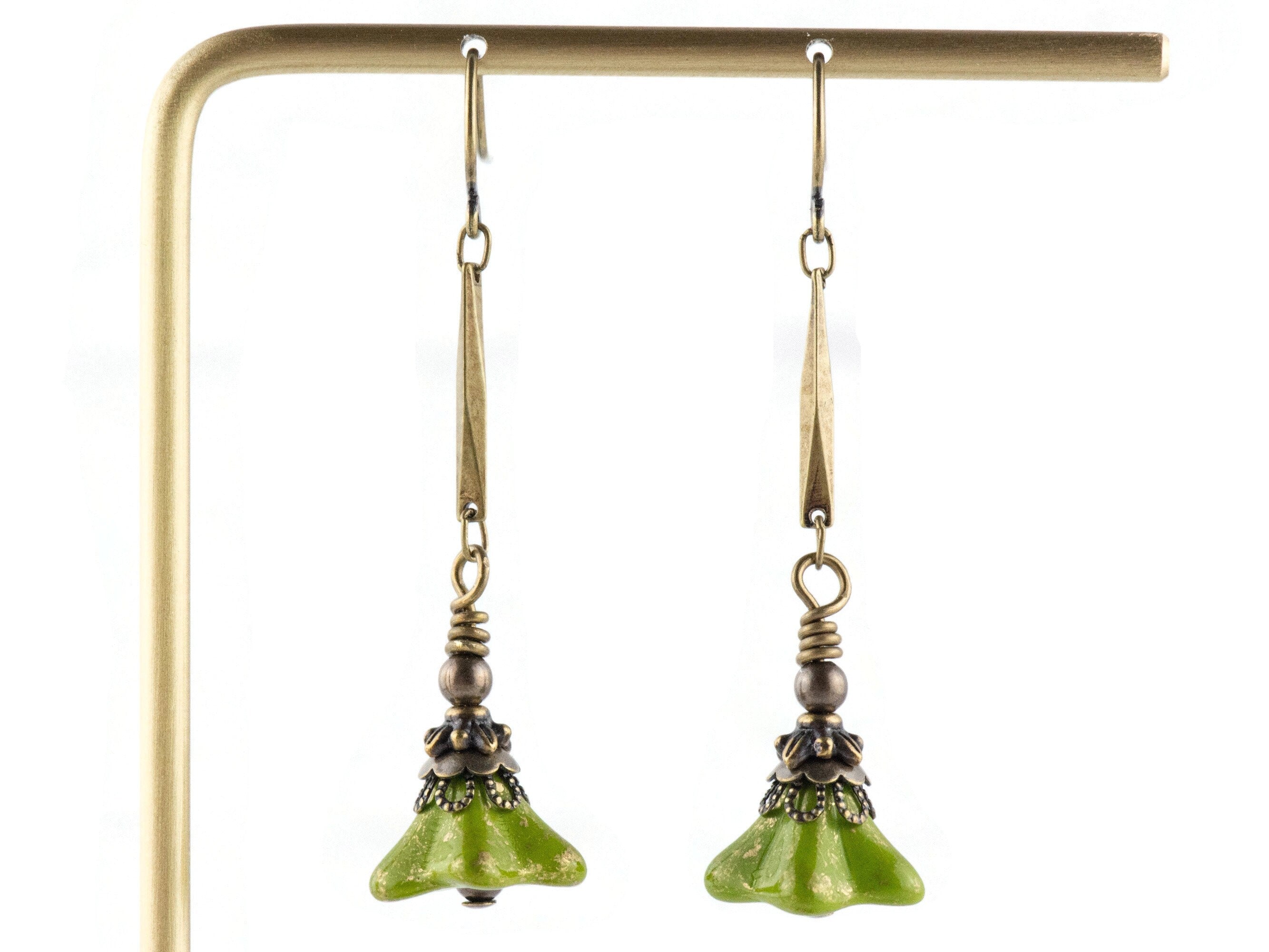 Green Floral Brass Earrings • Czech Glass Flowers • Handmade Earthy Nature Jewelry • Long Earrings