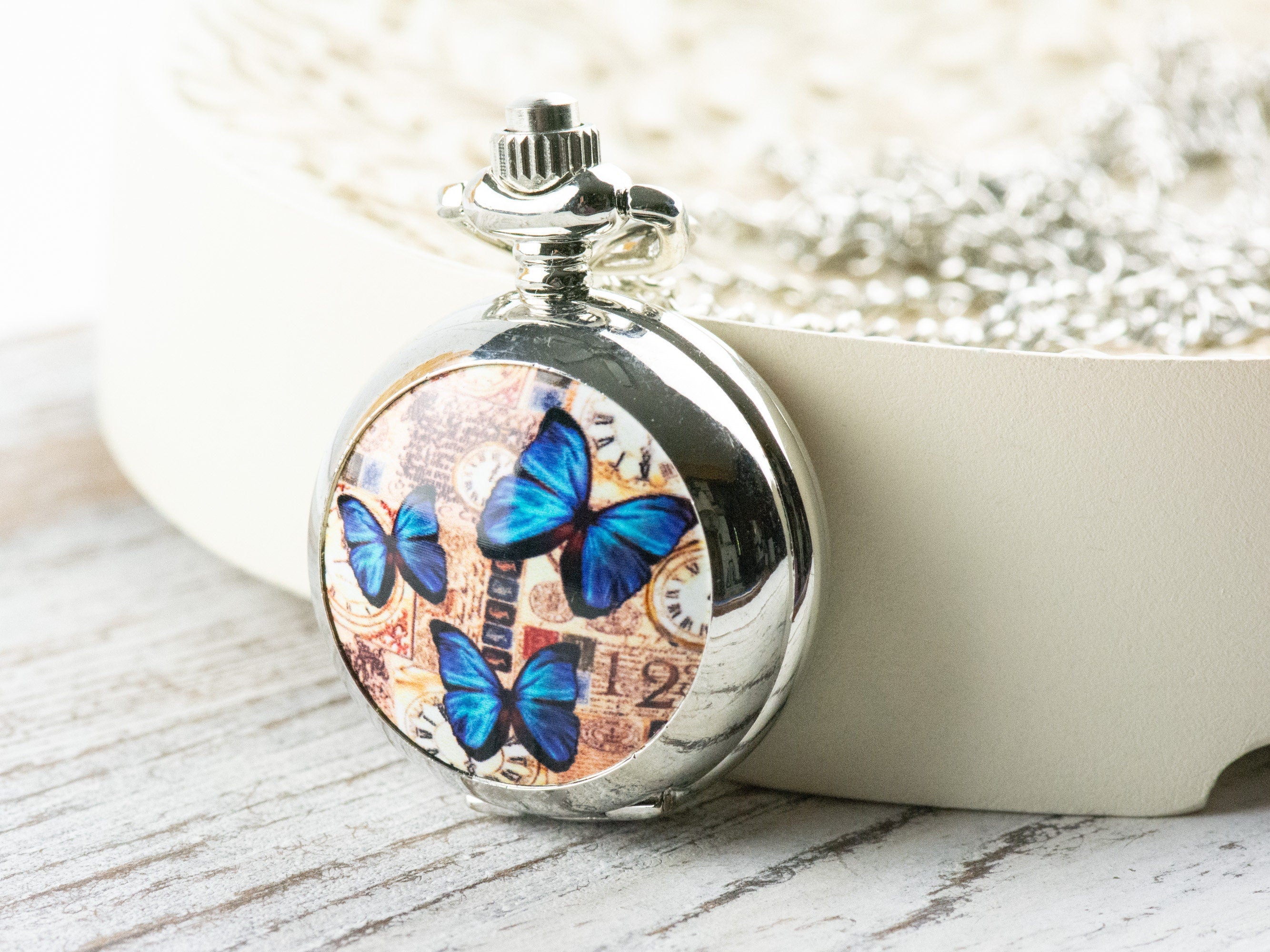 Butterfly Print Porcelain Pocket Watch Long Necklace / Unique Watches / Nature Inspired Jewelry