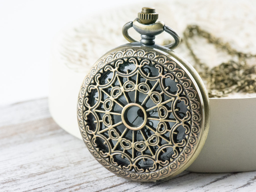 Spiderweb Bronze Pocket Watch Long Necklace / Unique Watches / Spider Jewelry / Large Pocket Watch
