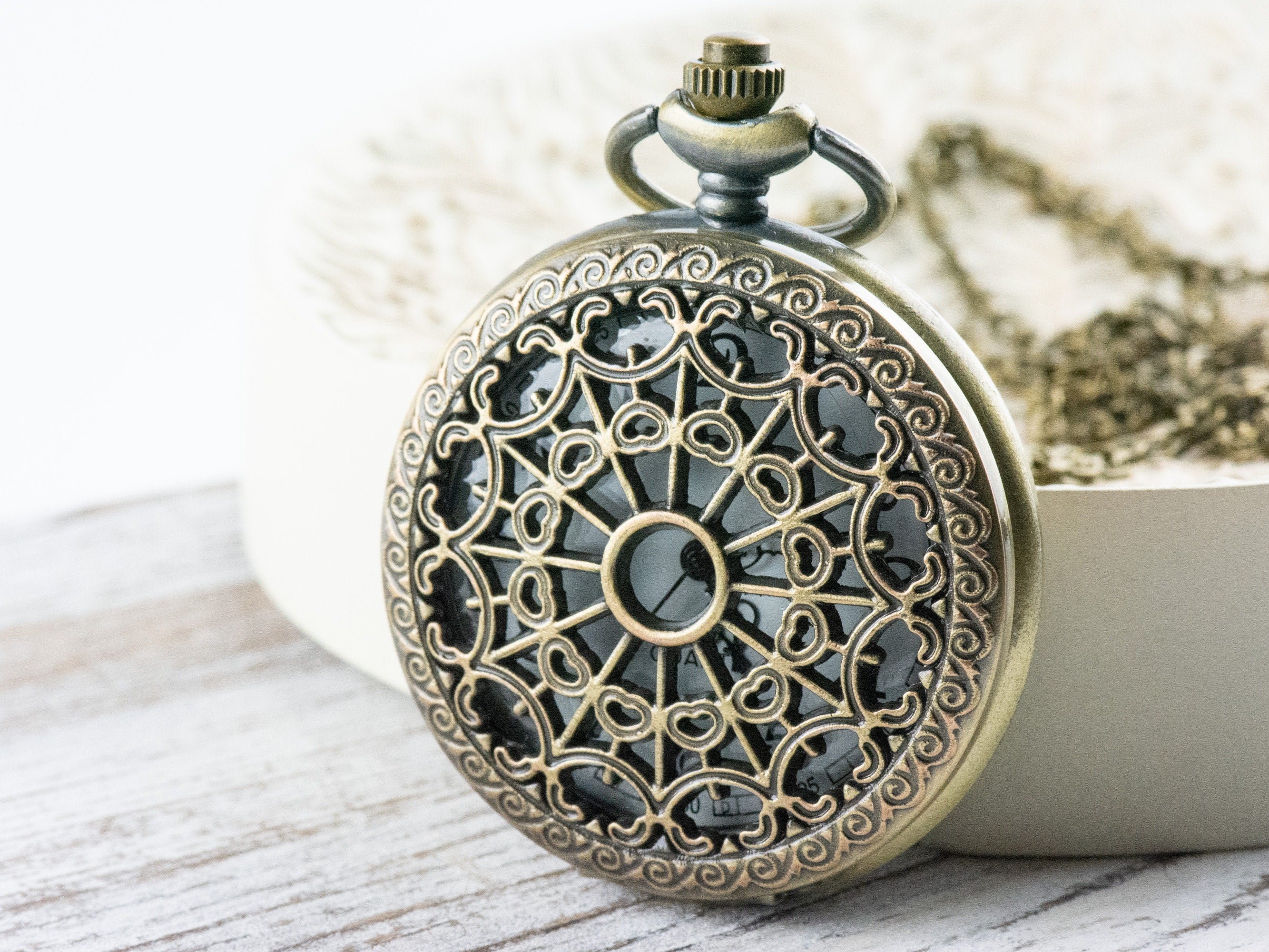 Spiderweb Bronze Pocket Watch Long Necklace / Unique Watches / Spider Jewelry / Large Pocket Watch